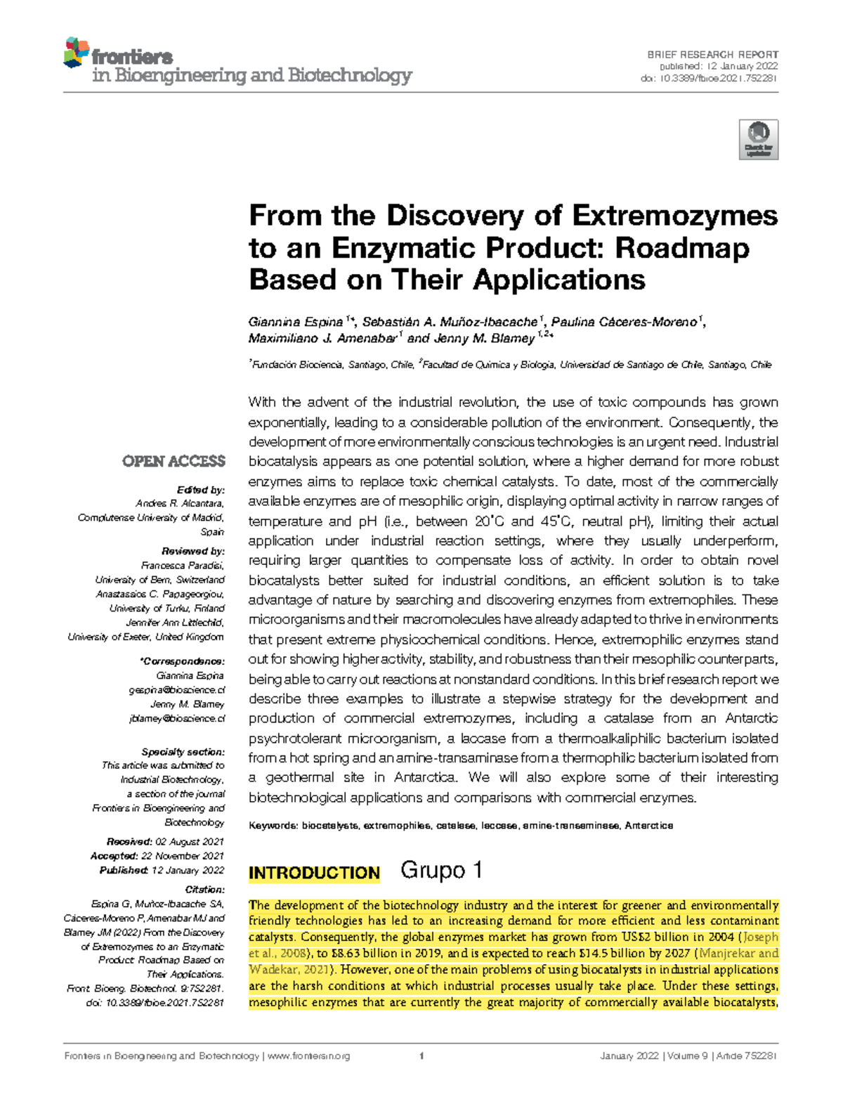 Espina 2022 grupos print - From the Discovery of Extremozymes to an ...