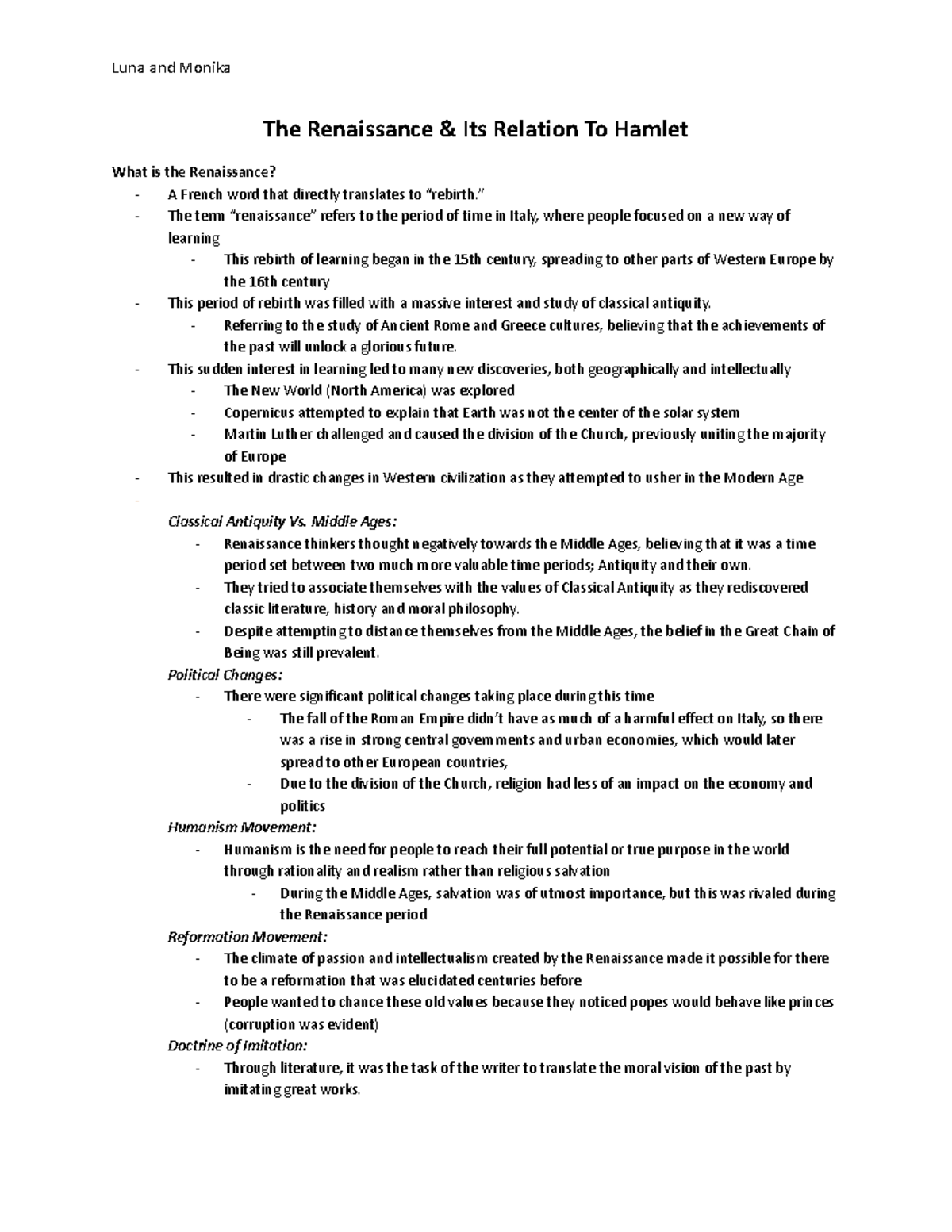 Renaissance Handout - The Renaissance & Its Relation To Hamlet What is ...