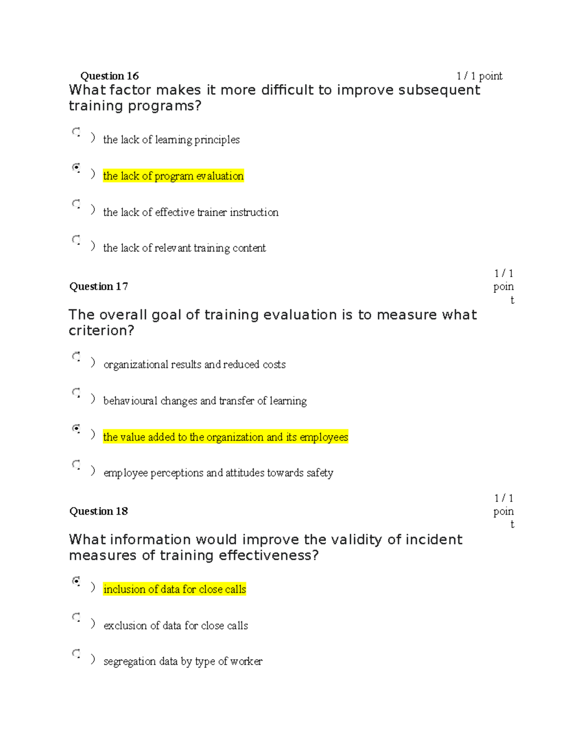 QUIZ3 OCCUPATIONAL HEALTH AND SAFETY Question 16 1 / 1 point What