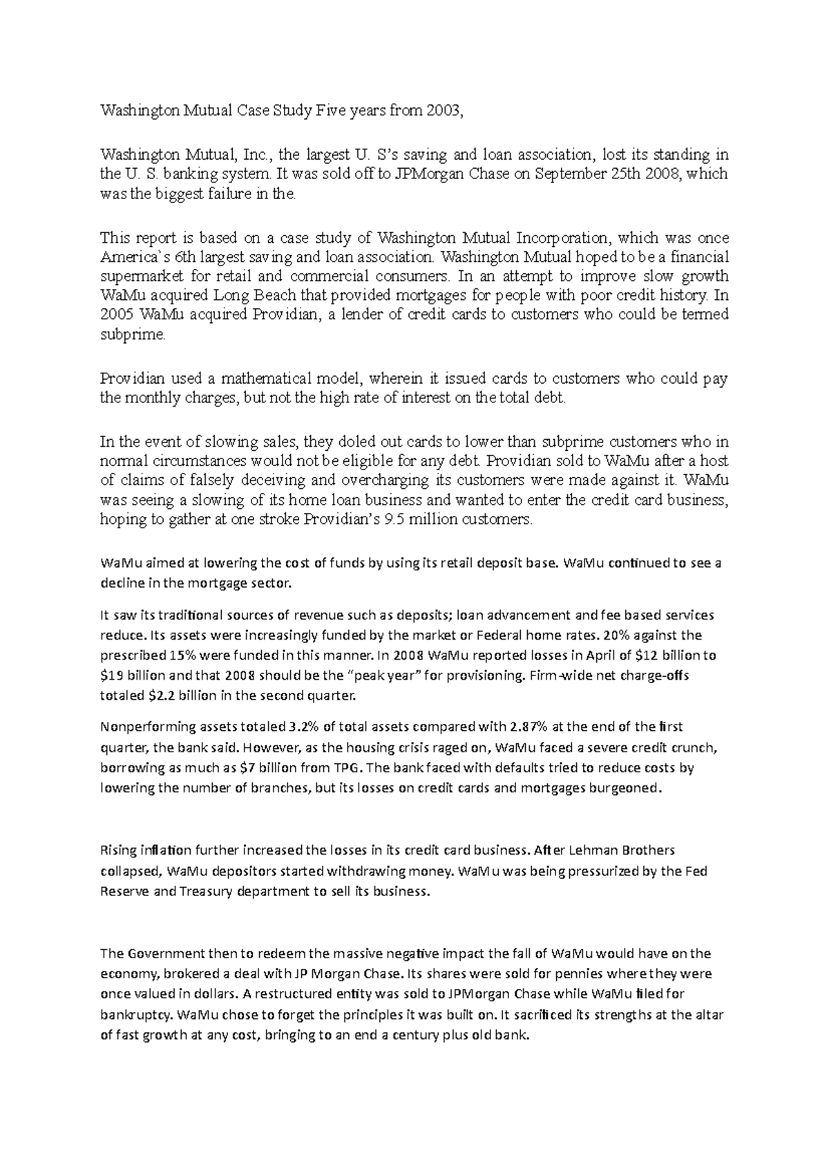 Case study very important Washington Mutual Case Study Five years