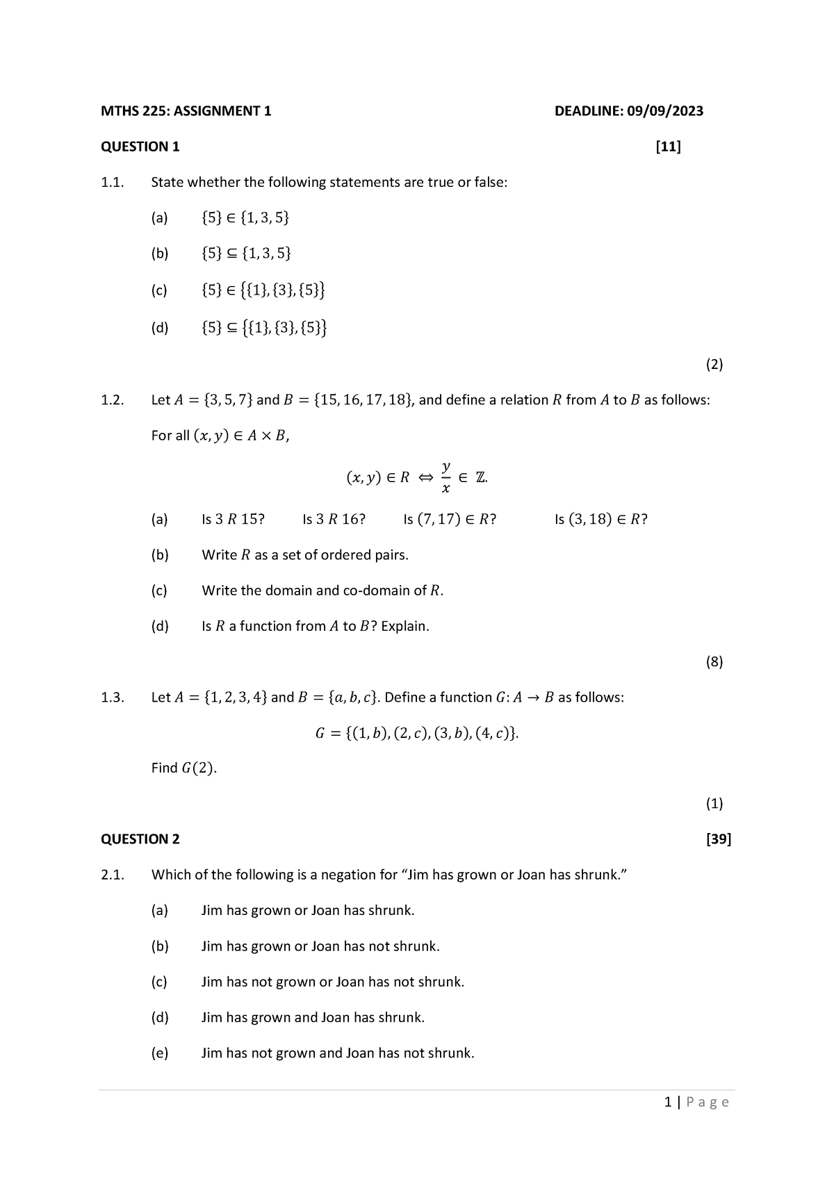 MTHS 225 Assignment 1 2023 - MTHS 225: ASSIGNMENT 1 DEADLINE: 0 9/09 ...