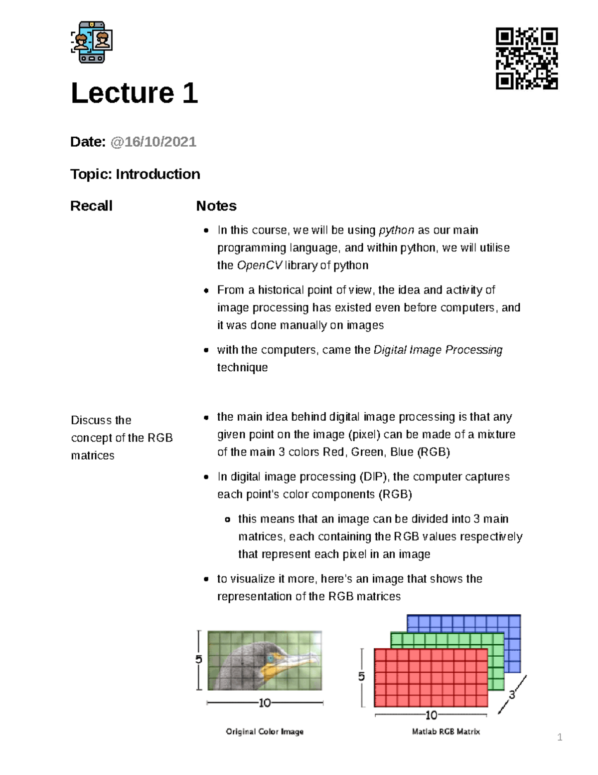 1- Lecture 1 - Introduction - 1 Lecture 1 Date: Topic: Introduction ...