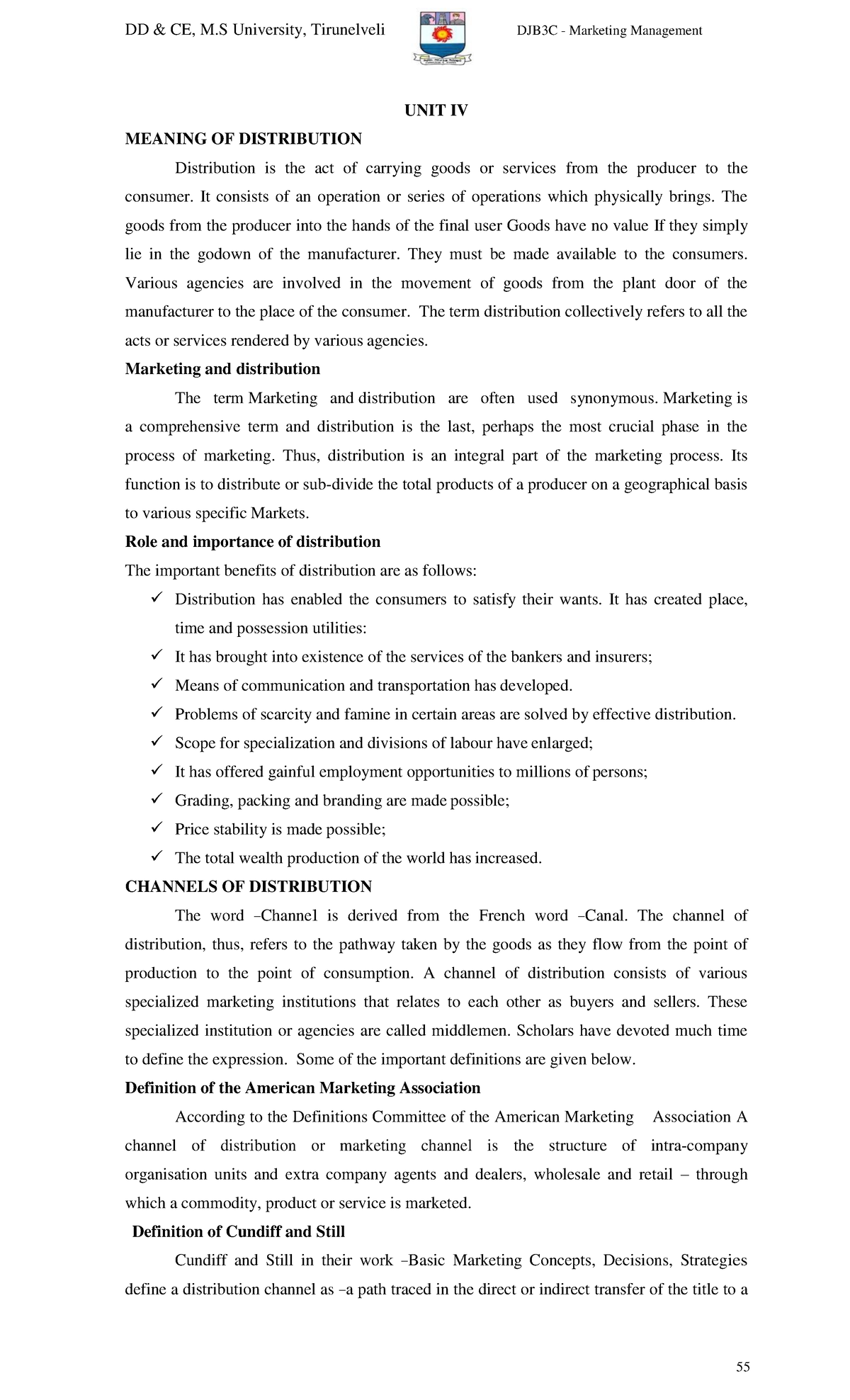 Marketing Management Unit 4 Unit Iv Meaning Of Distribution