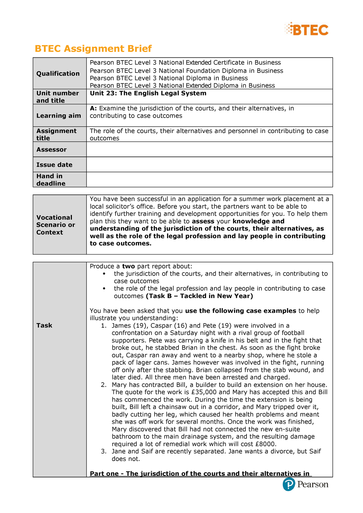 Unit 23 Authorised Assignment Brief For Learning Aim A - BTEC ...