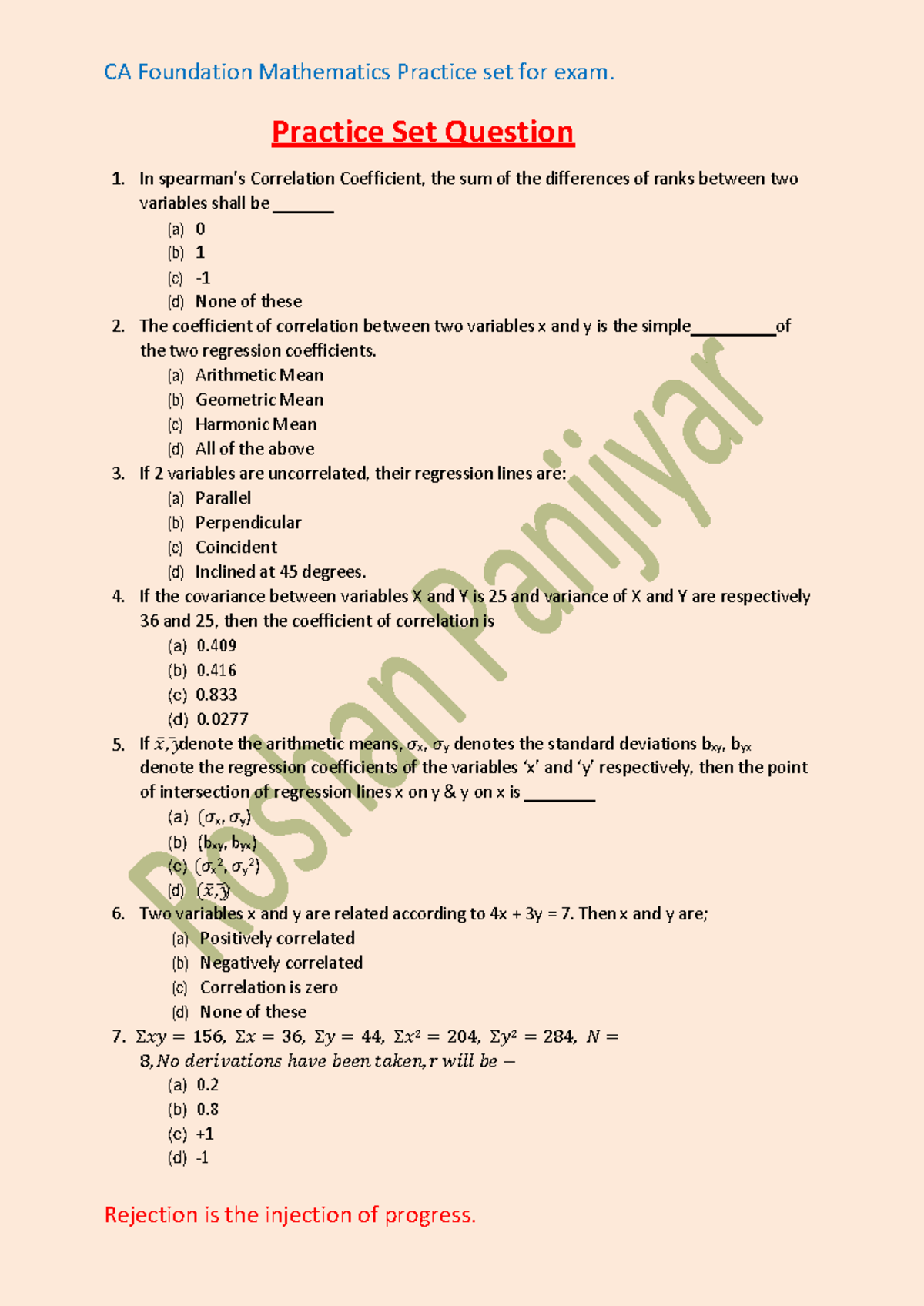 Corelation and Regression 2023 - Practice Set Question 1. In spearman’s ...
