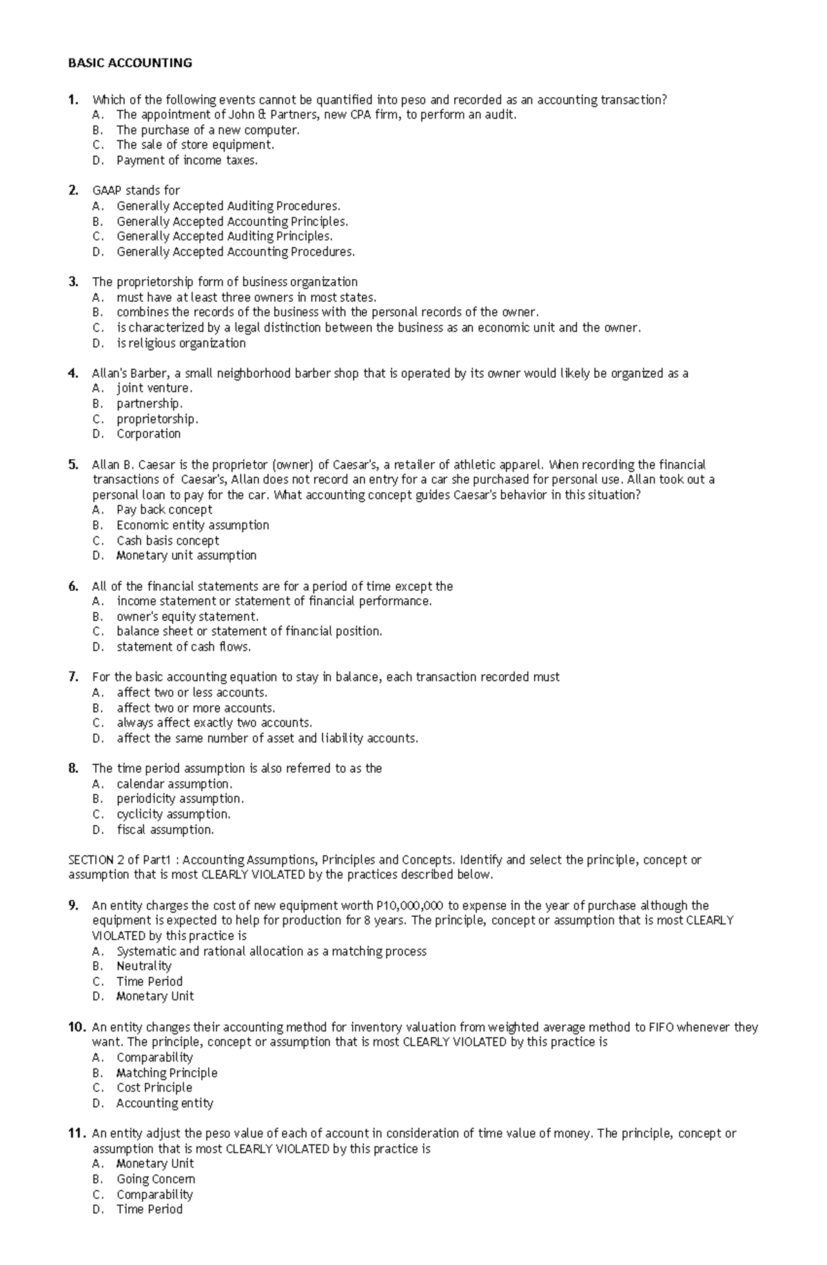 Sample/practice exam 2020, questions - BASIC ACCOUNTING 1. Which of the ...