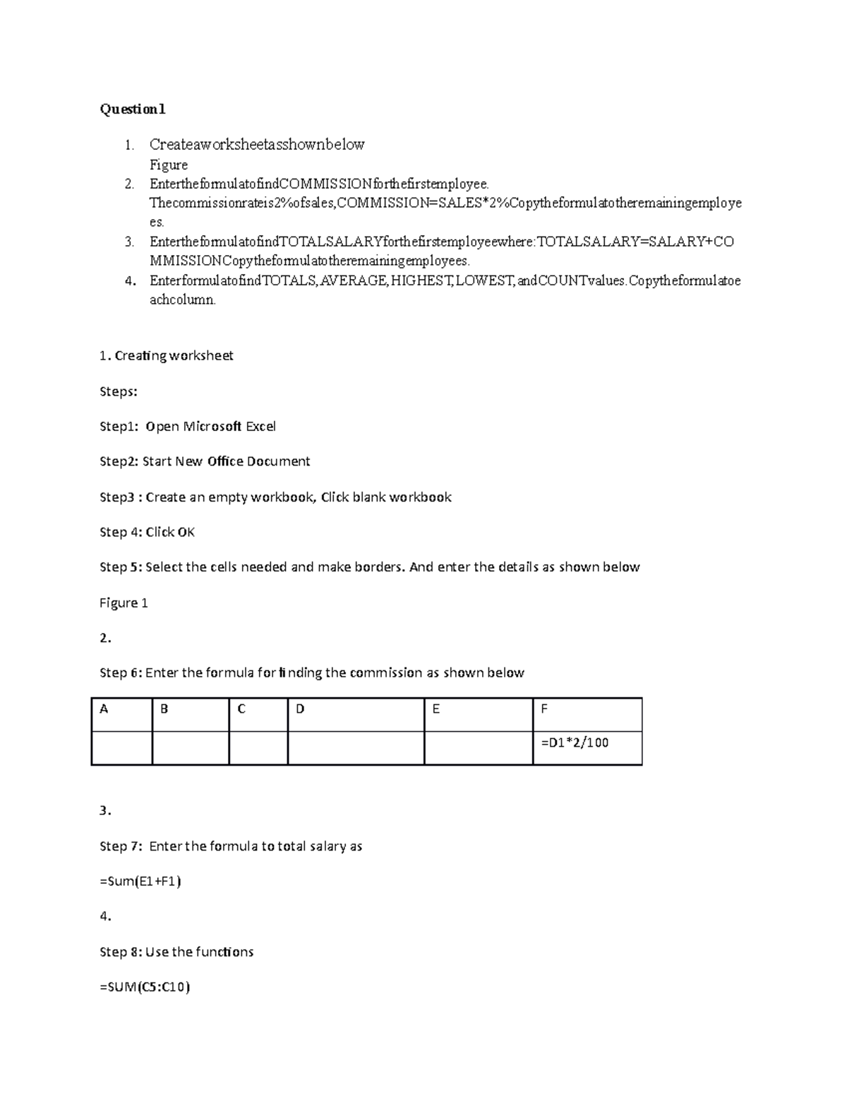 Lab record Lab work Question 1. Createaworksheetasshownbelow