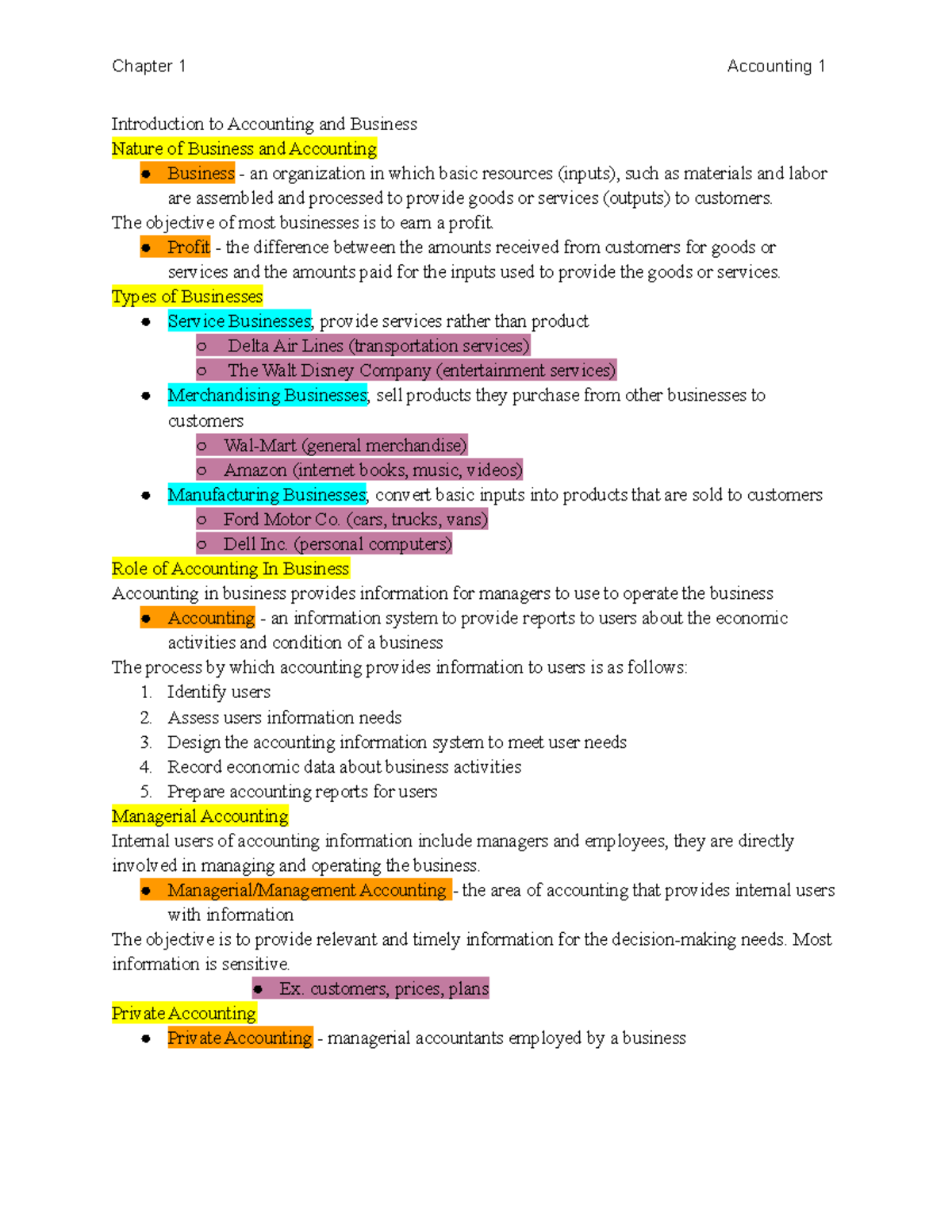 Accounting 1 Chapter 1 Notes - Introduction To Accounting And Business ...