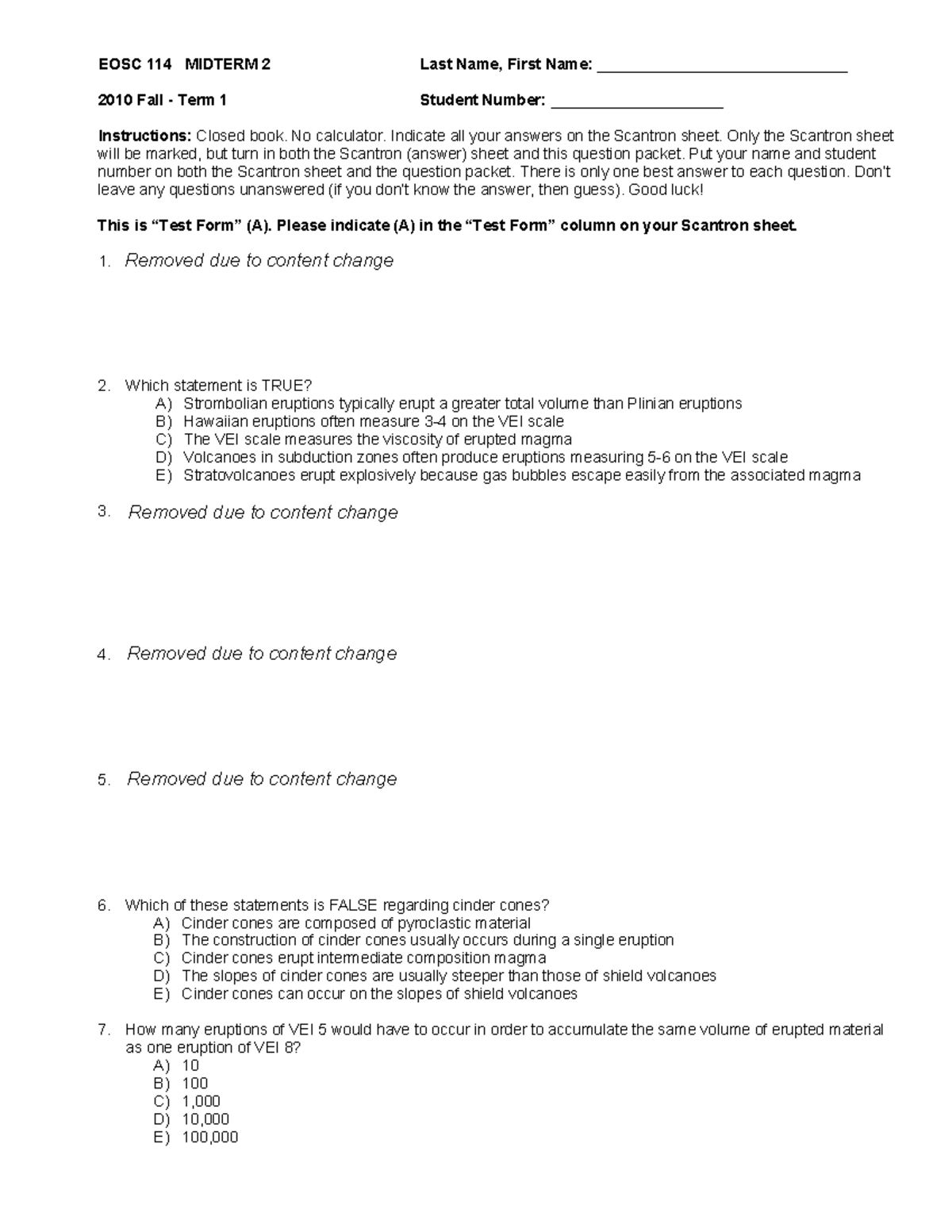 Sample/practice exam 2010 - EOSC 114 MIDTERM 2 Last Name, First Name