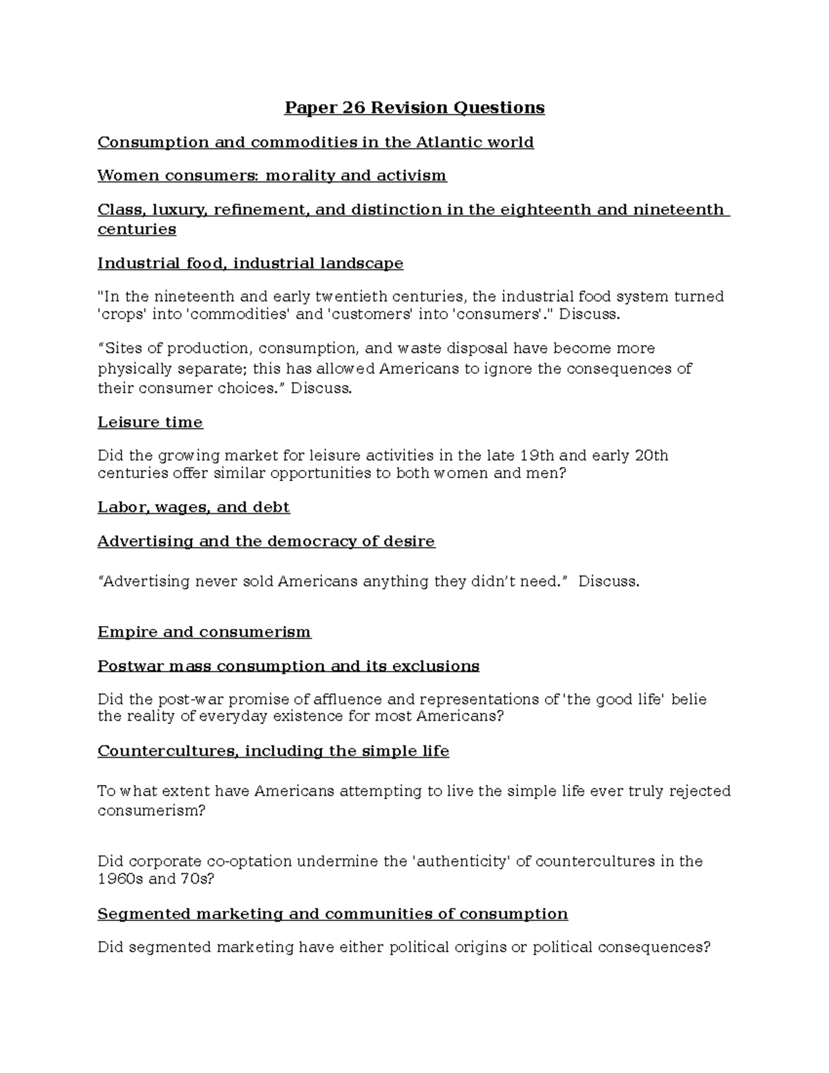 Consumption & Consumer Culture in the USA Sample Exam Questions - Paper ...