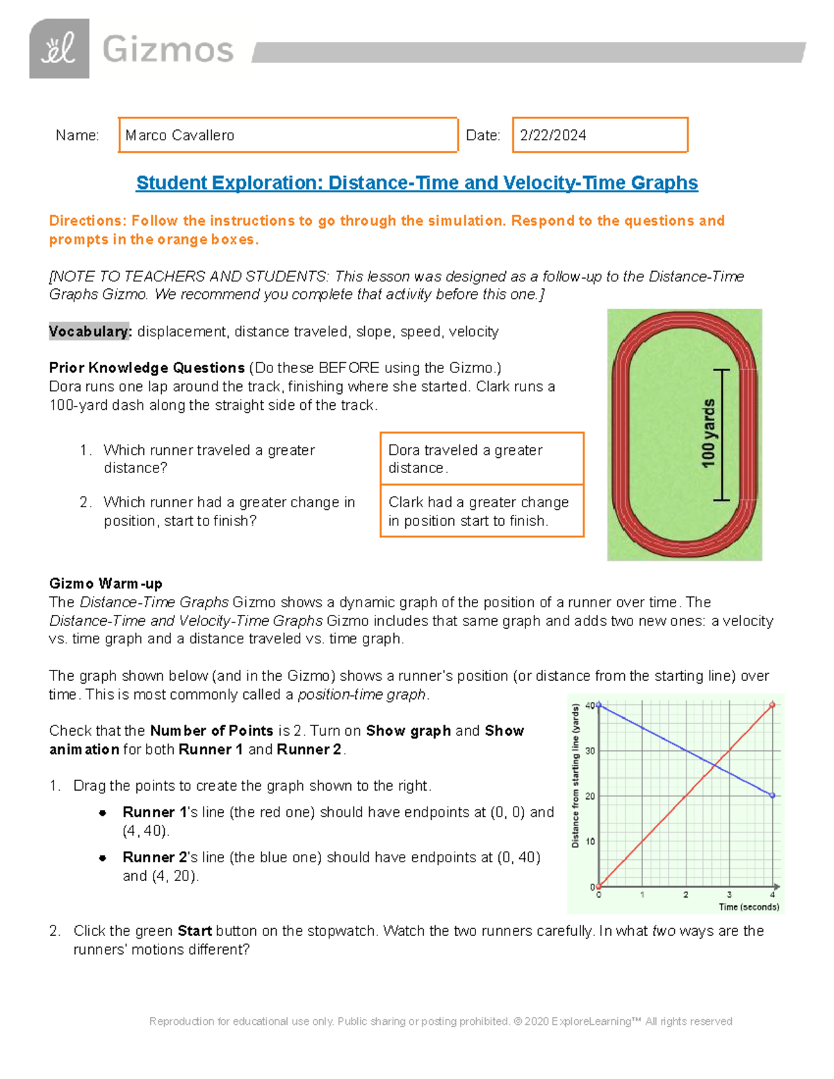 Copy of Distance Time Velocity SE - Name: Marco Cavallero Date: 2/22 ...