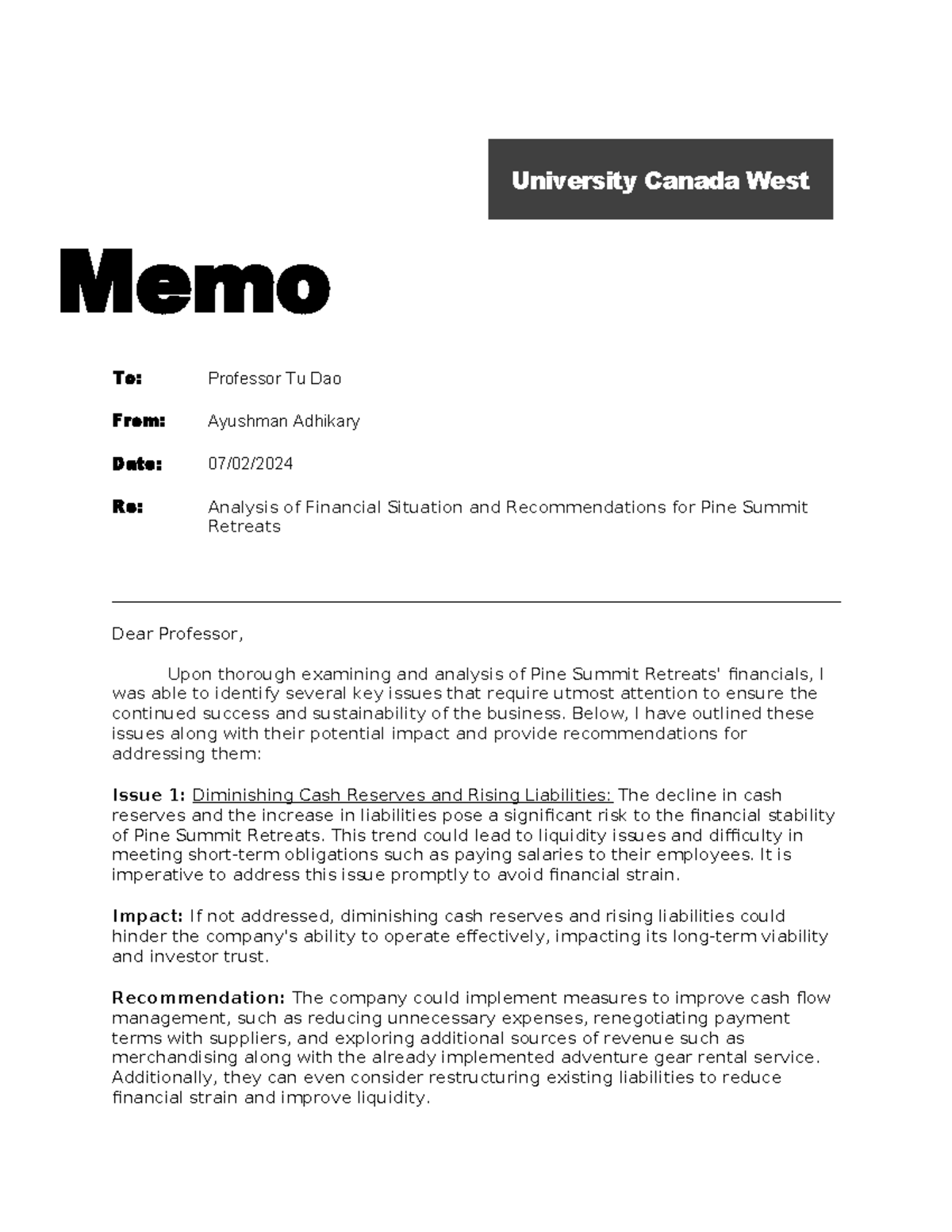 ACCT621-62 Individual Assignment-Ayushman Adhikary - University Canada ...