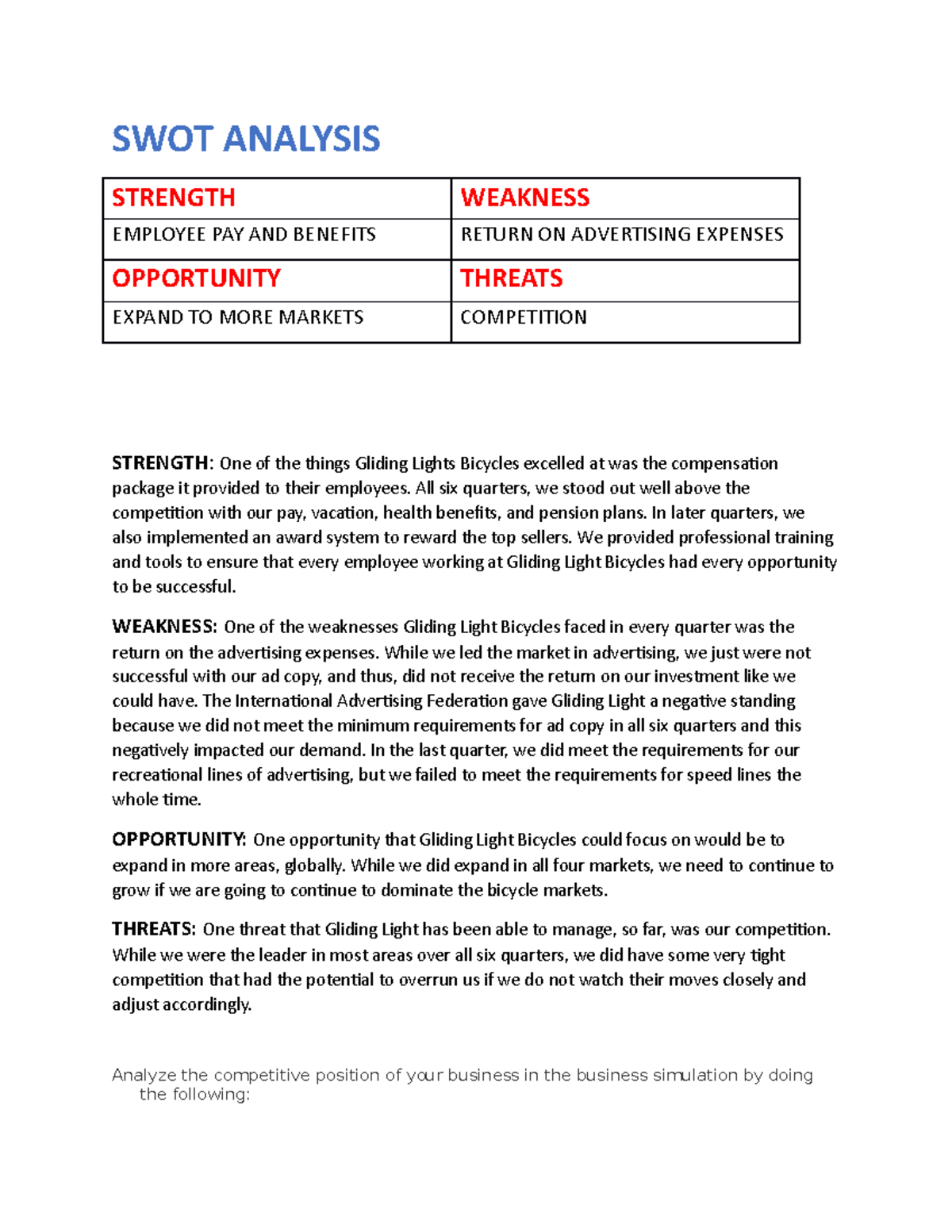 Task 2 D083 - Task 2 - SWOT ANALYSIS STRENGTH WEAKNESS EMPLOYEE PAY AND ...