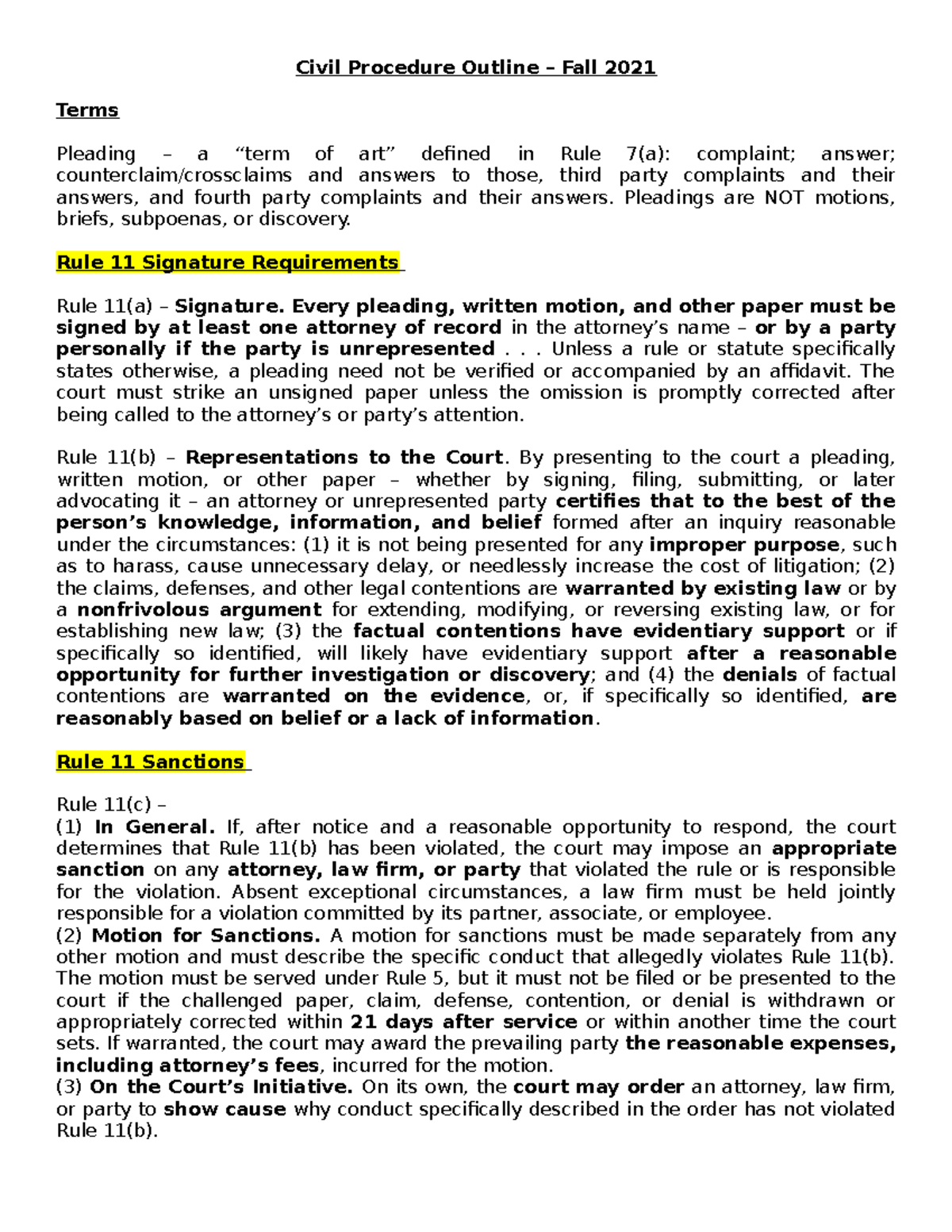 Civil Procedure Outline - Pleadings are NOT motions, briefs, subpoenas ...