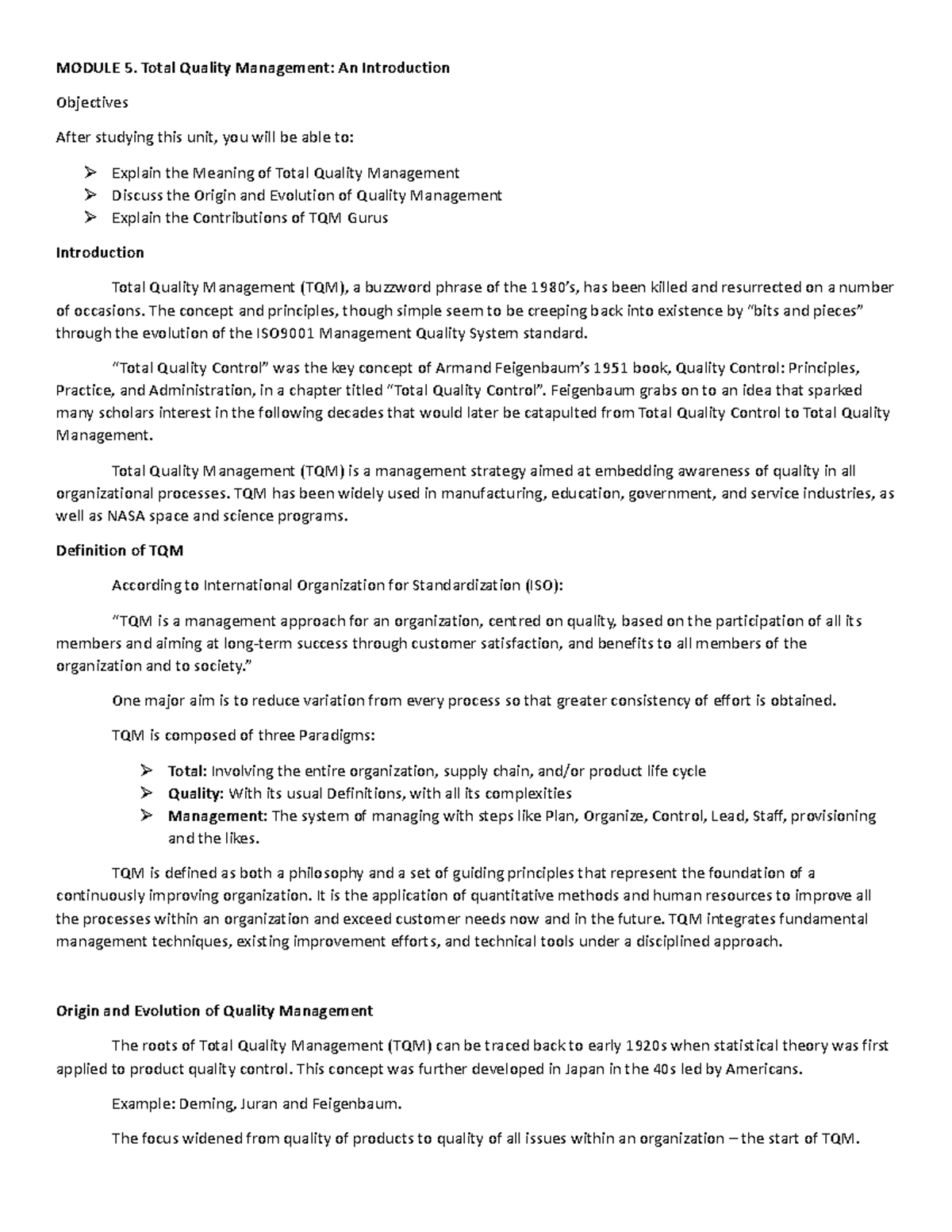 MNGT 4 Final Notes - NAA - MODULE 5. Total Quality Management: An ...