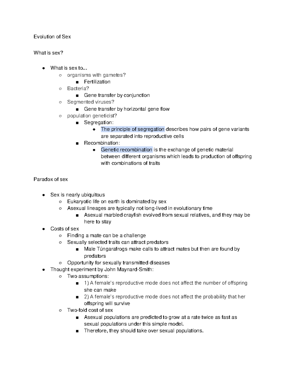 Evolution Of Sex Lecture Notes Evolution Of Sex What Is Sex What Is Sex To Organisms 8210