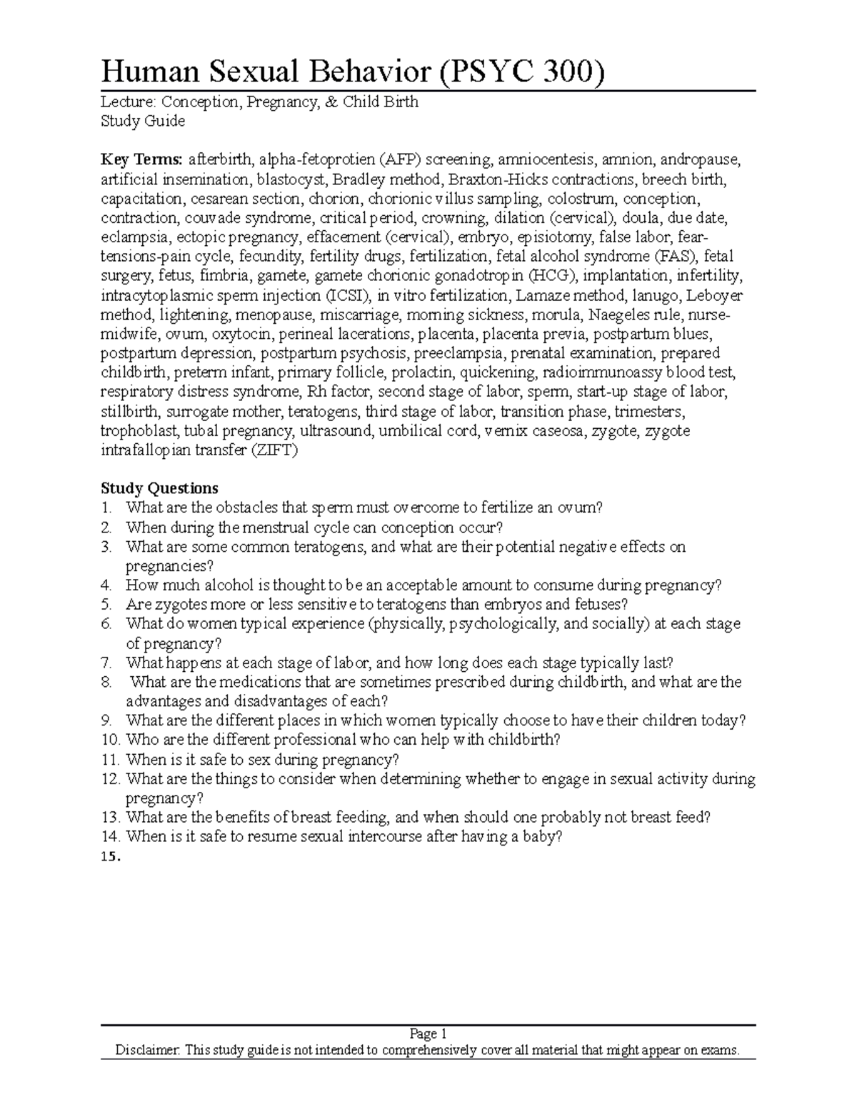 Study Guide (Pregnancy Birth) - Human Sexual Behavior (PSYC 300 ...