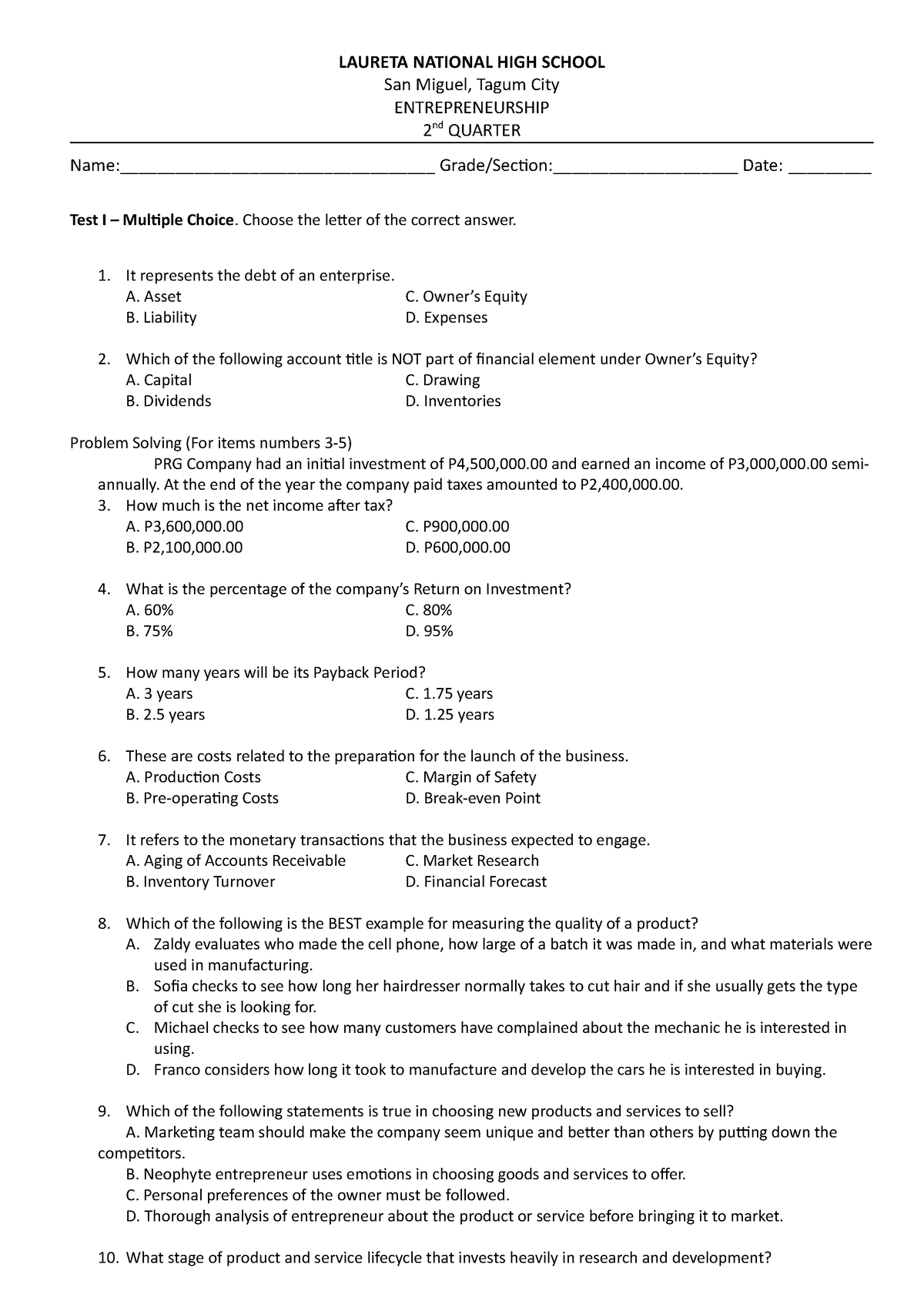 Entrep Q2 EXAM Final 2 - Pre-test - LAURETA NATIONAL HIGH SCHOOL San ...