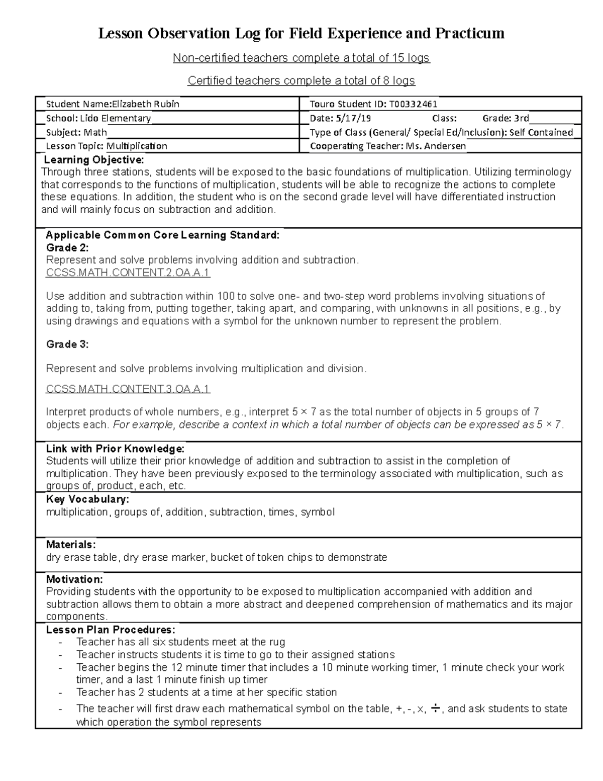 SEDN 695 Lesson Observation Log 2 - Lesson Observation Log for Field ...