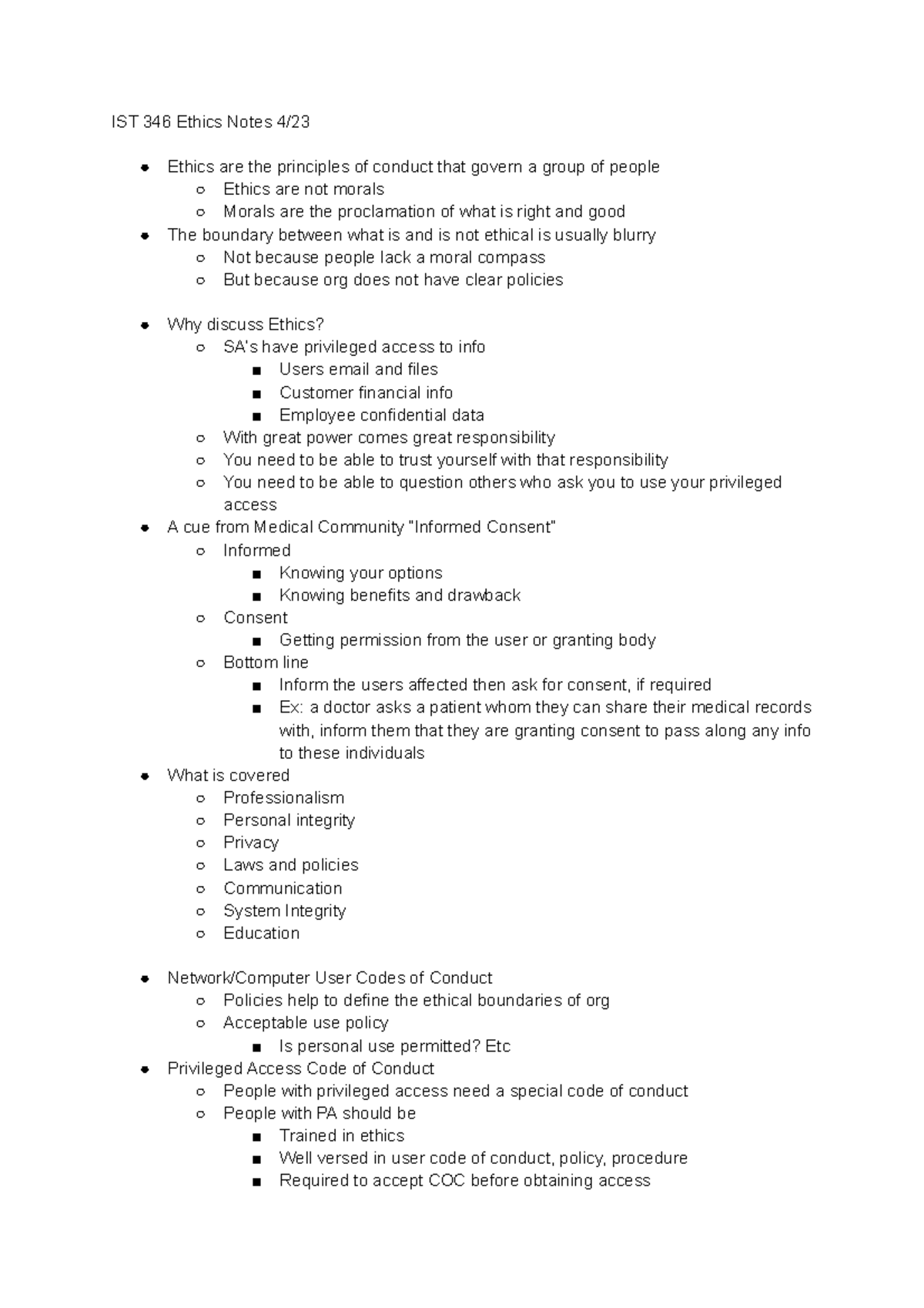 IST 346 Ethics 4 23 IST 346 Ethics Notes 4 Ethics Are The Principles 