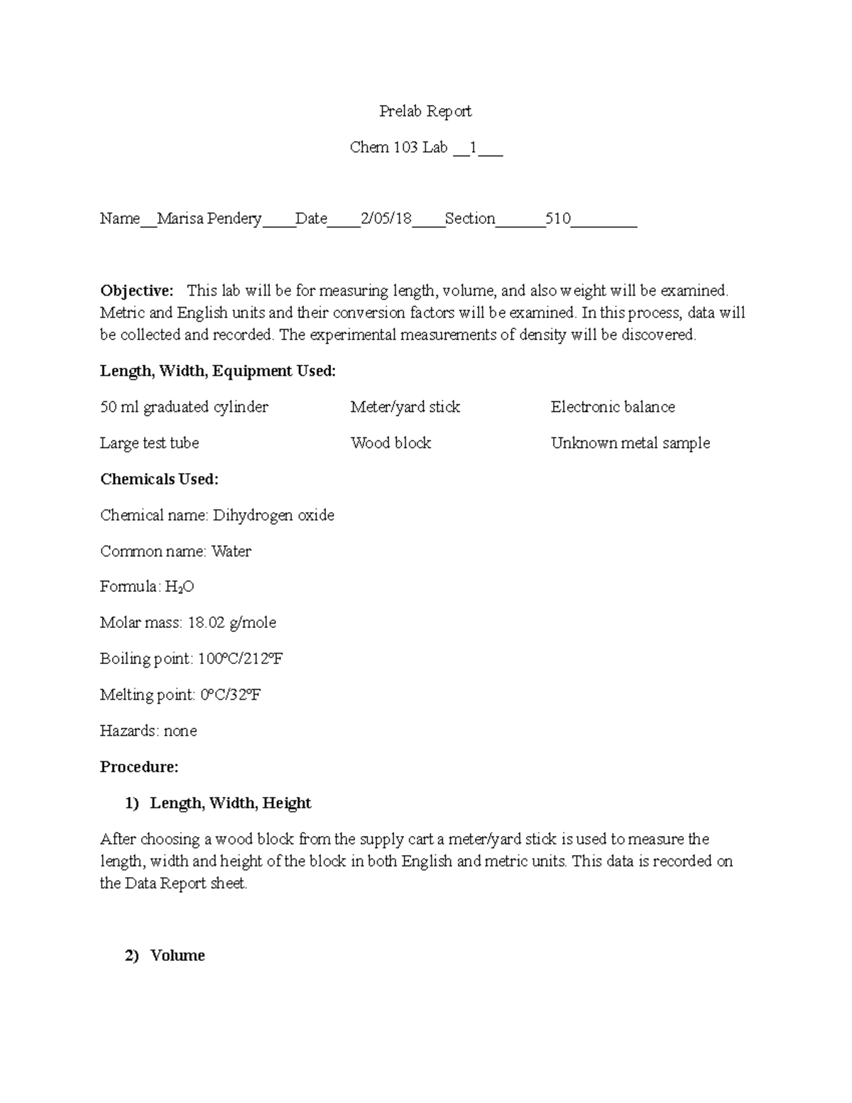 Prelab Report 1 - Prelab Report Chem 103 Lab __1___ Name__Marisa - Studocu