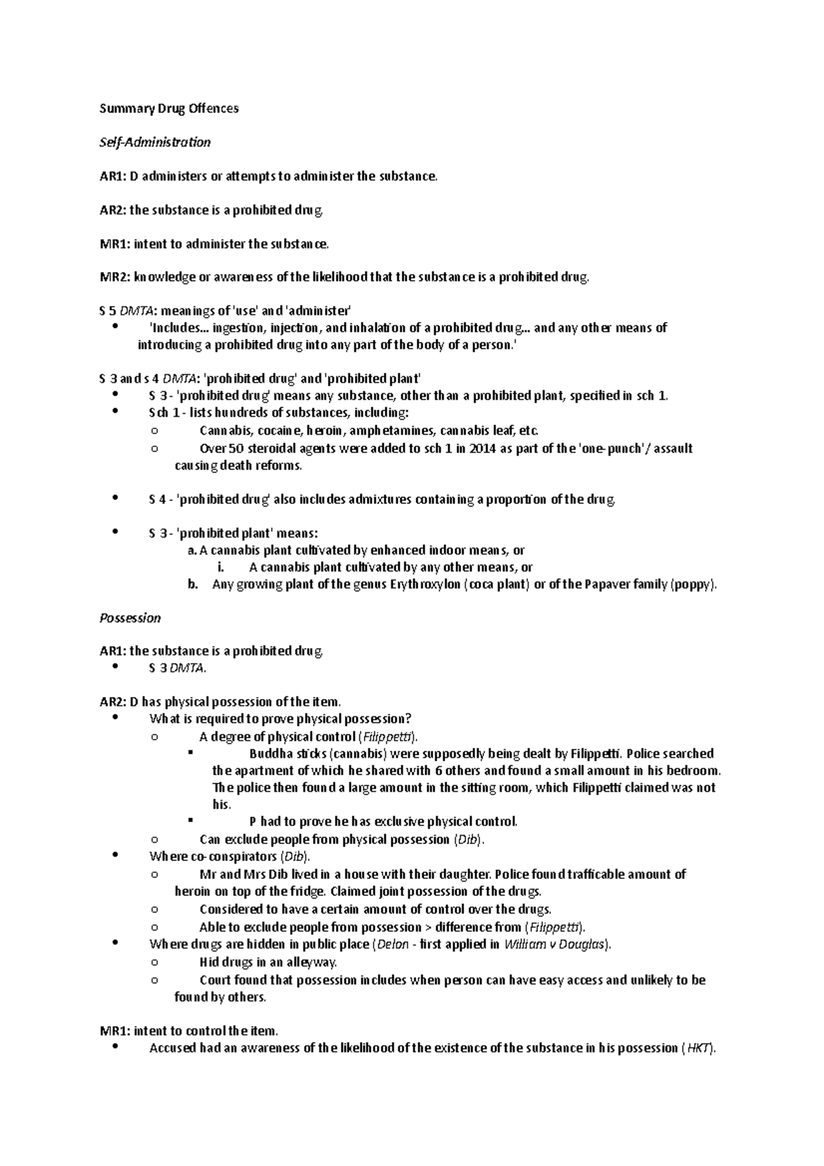 Crim B - Exam Notes - Summary Drug Offences Self-Administration AR1 ...