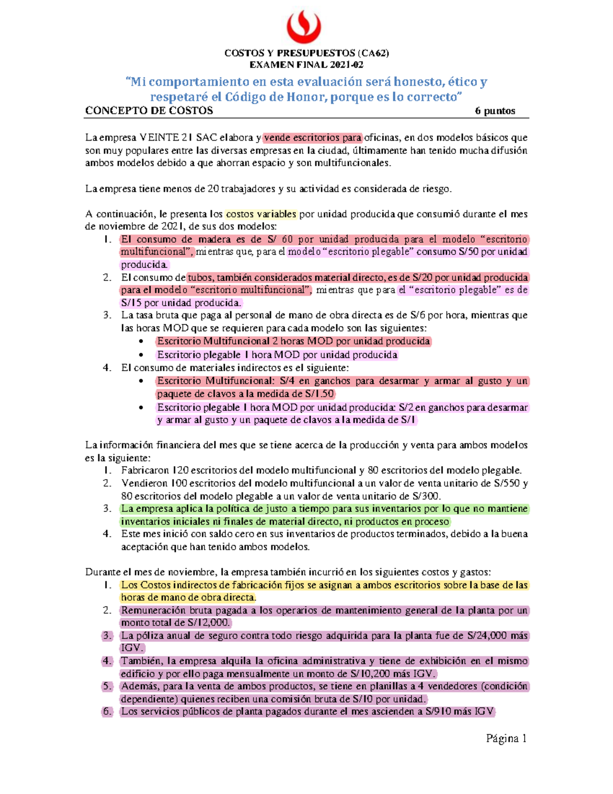 EXAMEN FINAL PARTE 1 2021 02 COSTOS Y PPTOS - COSTOS Y PRESUPUESTOS ...