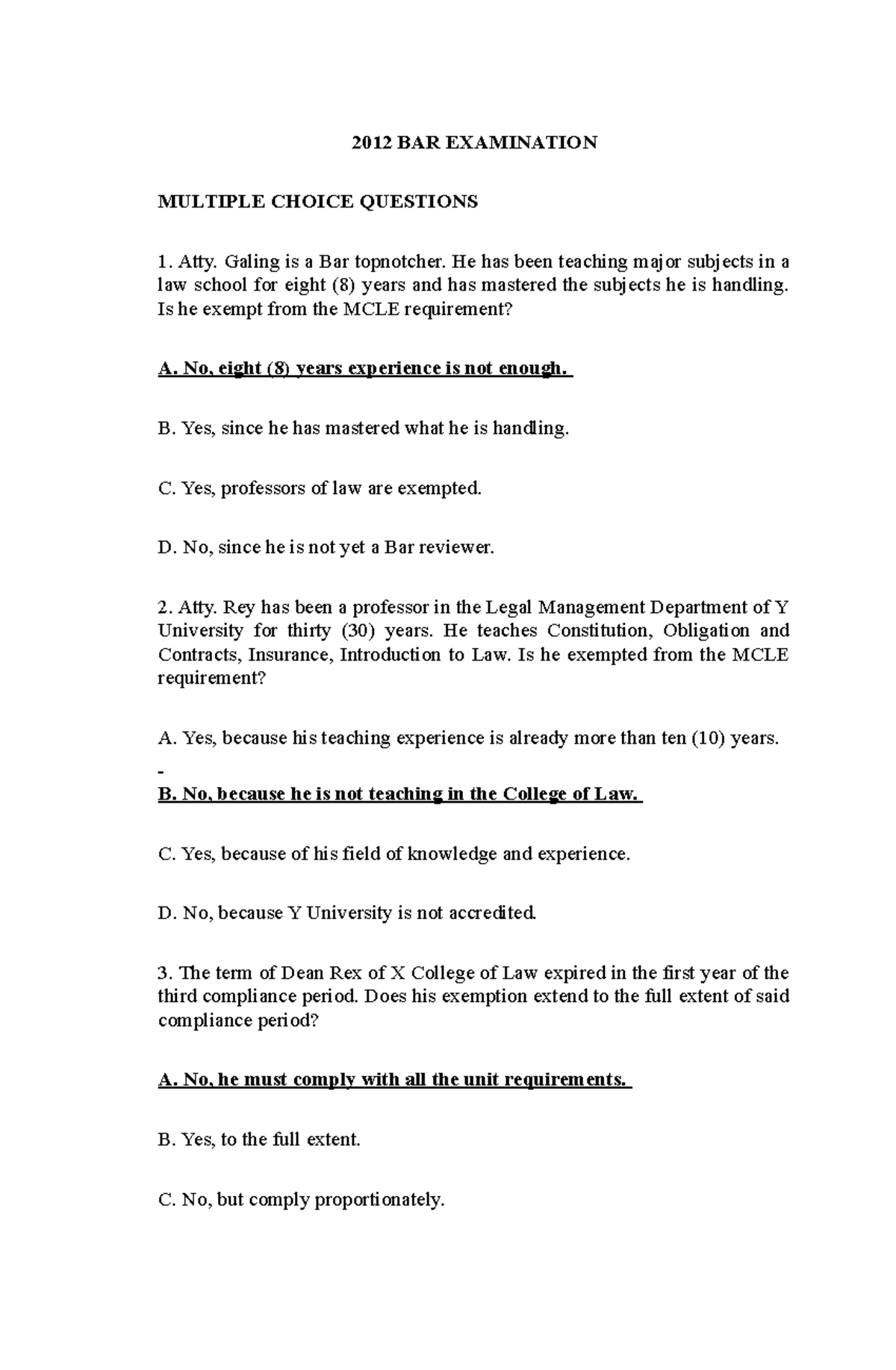 A Guide on Legal Ethics 2012 BAR EXAMINATION MULTIPLE CHOICE