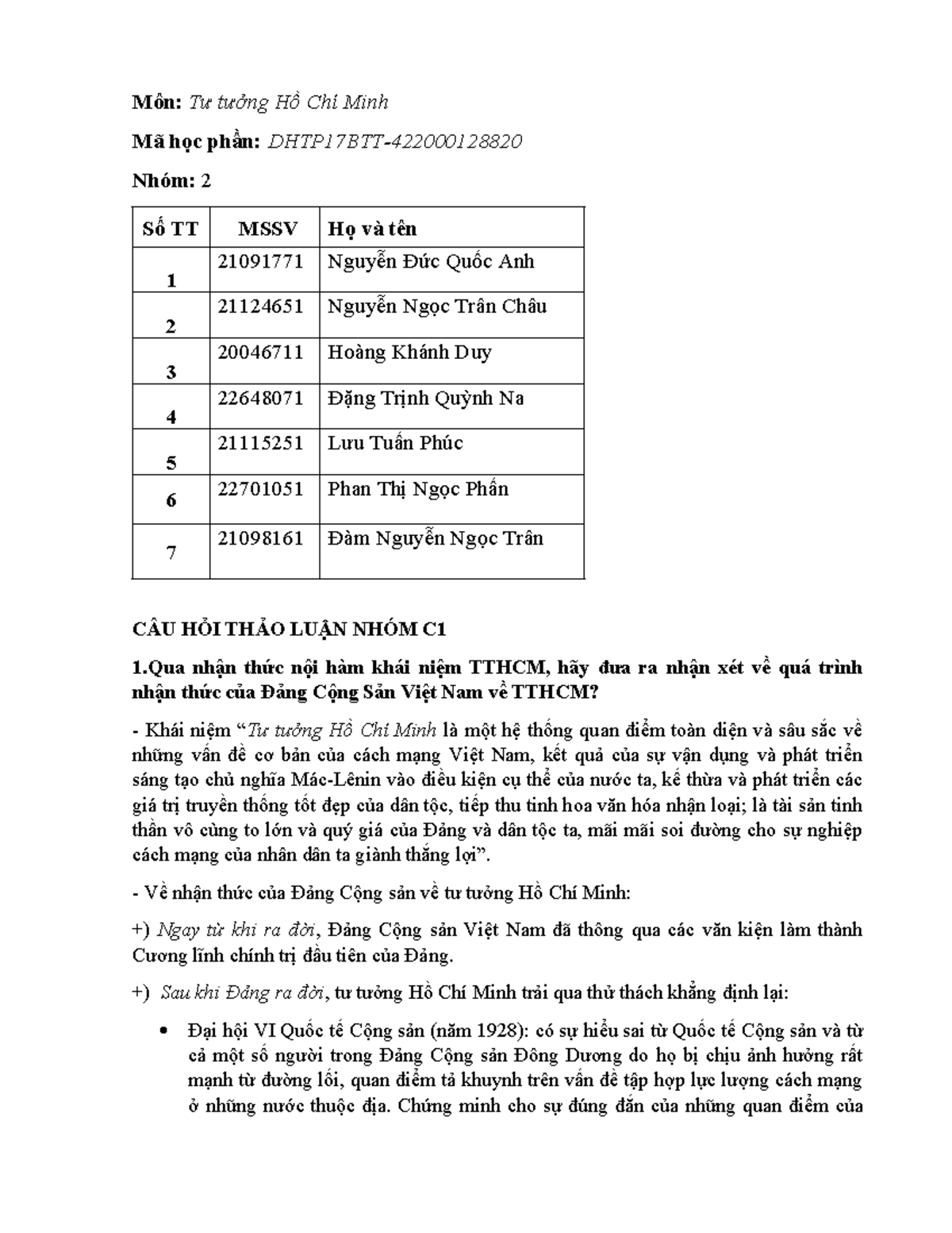 Nhóm 2 Bài tập về nhà - NNNNM - Môn: Tư tưởng Hồ Chí Minh Mã học phần ...