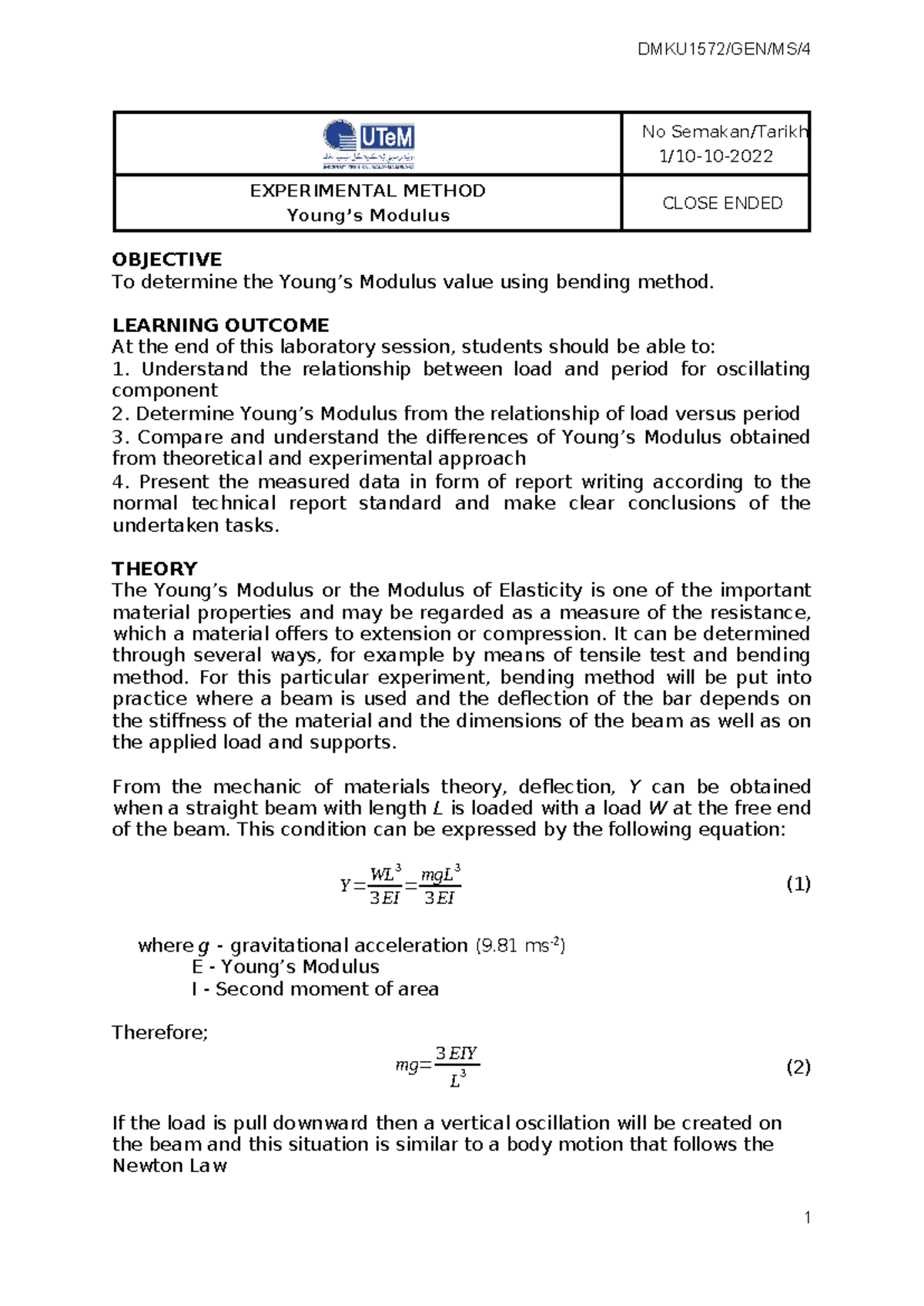 2024 DMKU 1572 Lab 4 Youngs Modulus updated - No Semakan/Tarikh 1/10-10 ...