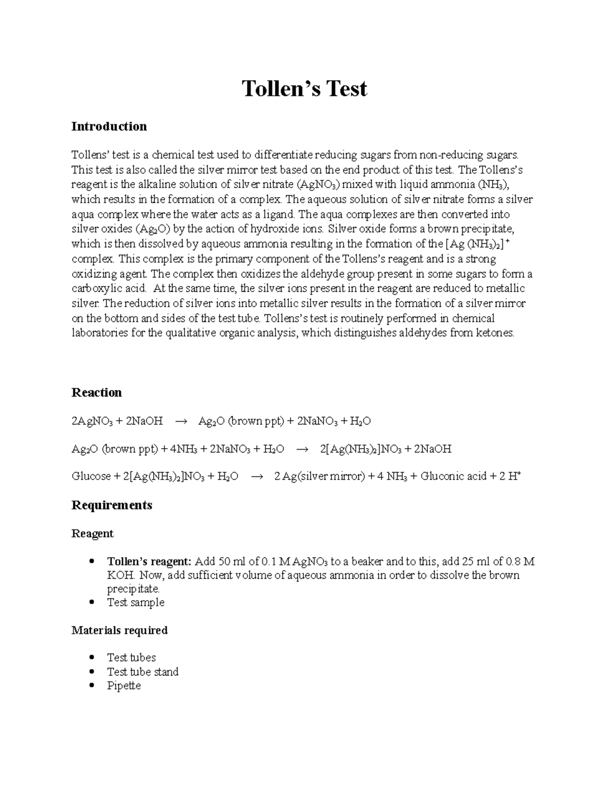 Tollen test for carbohydrate Tollen’s Test Introduction Tollens’ test