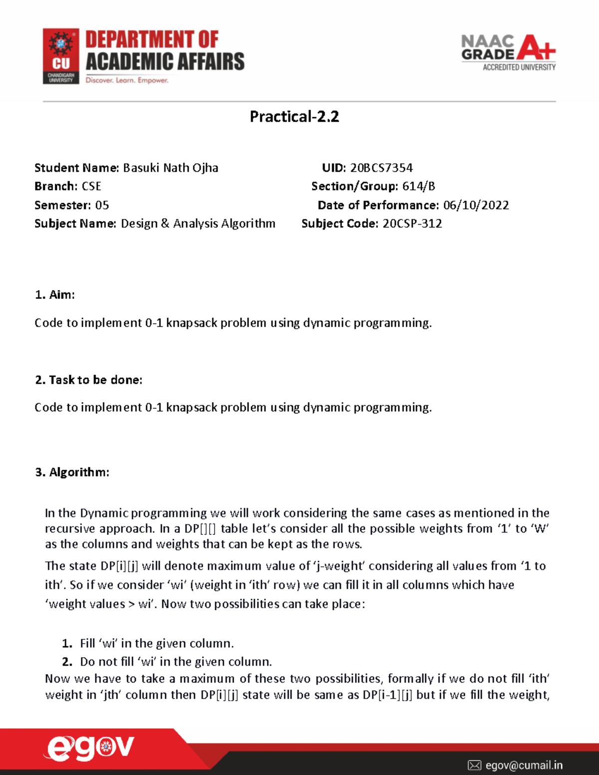 DAA EXP2.2 by 20BCS7354 - Practical-2. Student Name: Basuki Nath Ojha ...