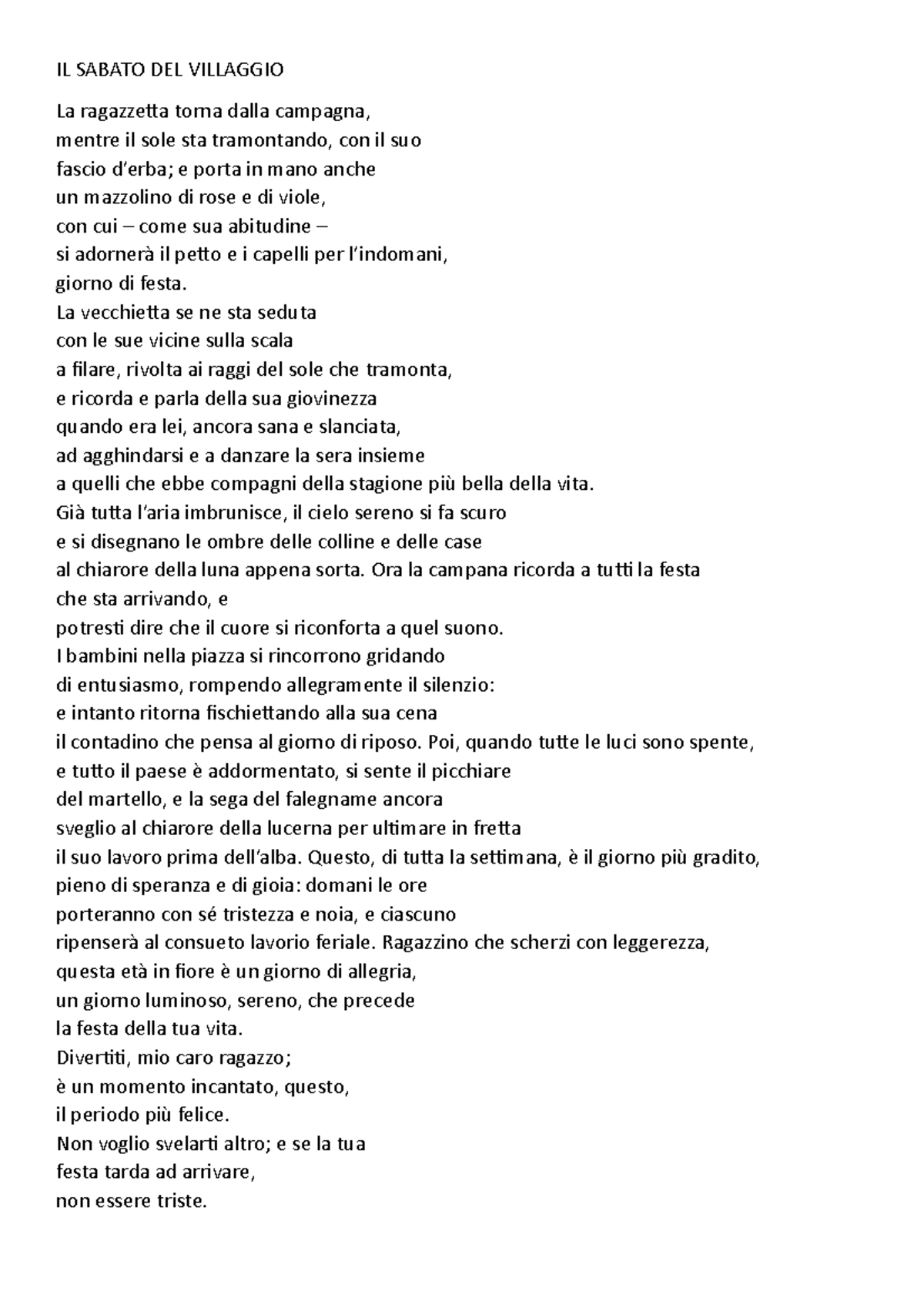 Il sabato del villaggio Leopardi IL