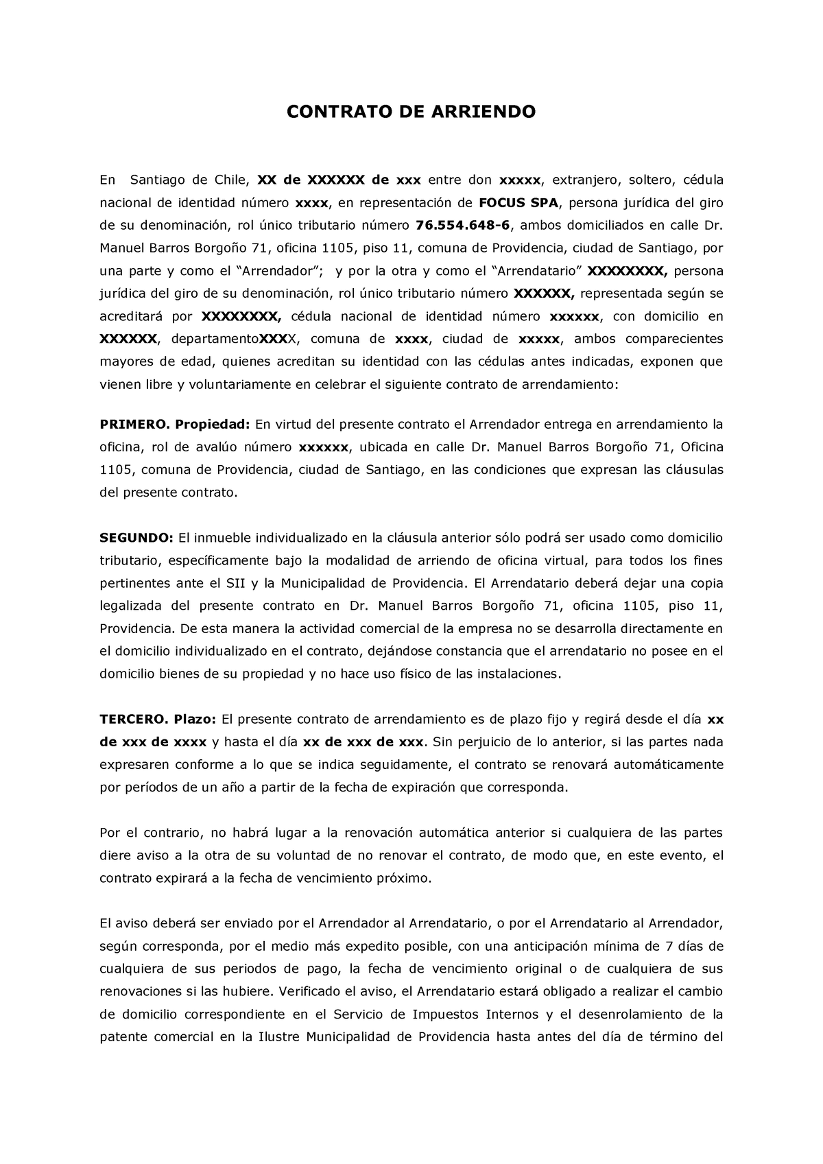 Borrador Contrato De Arriendo Contrato De Arriendo En Santiago De Chile Xx De Xxxxxx De Xxx 4216