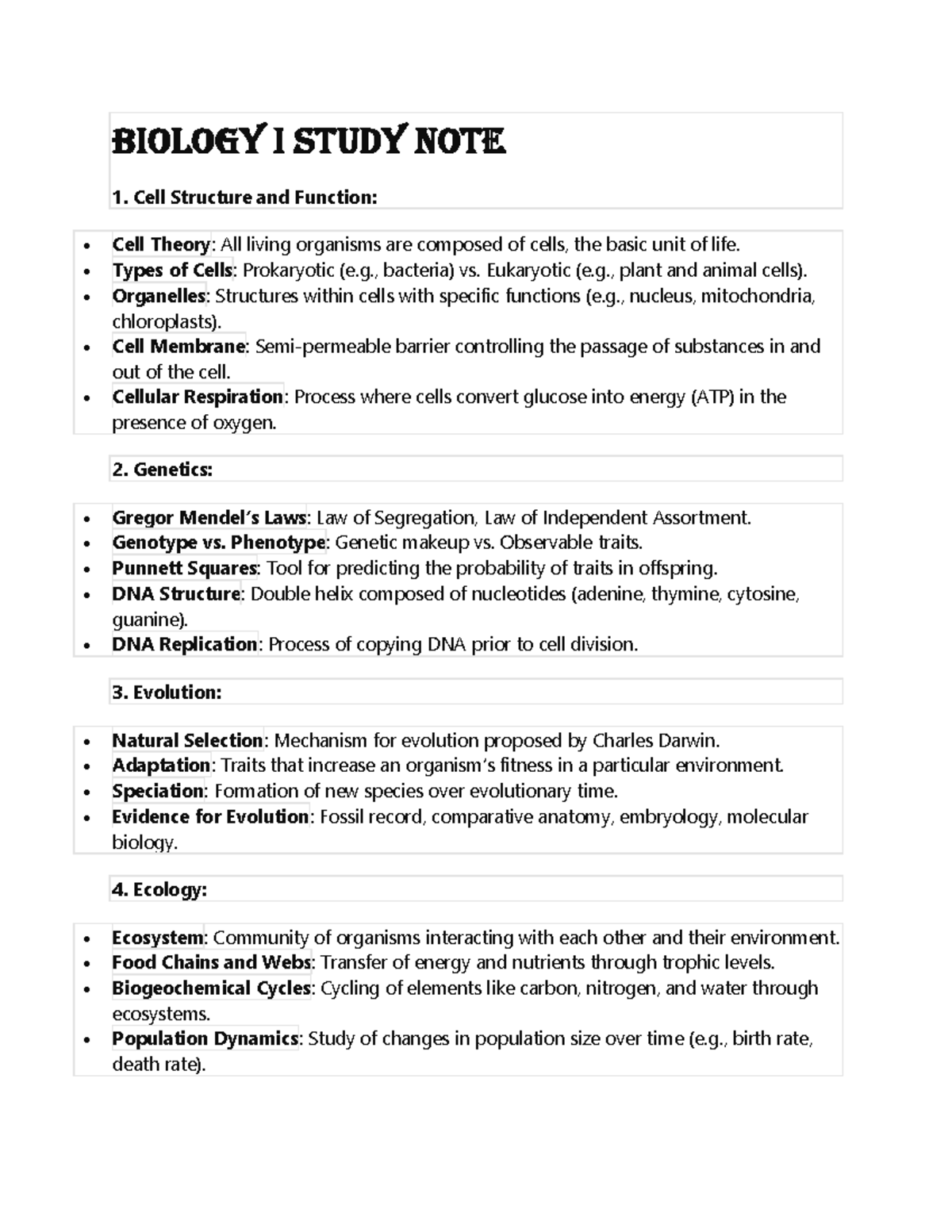 Biology I Study Note (Lecture) - Biology I Study Note Cell Structure ...