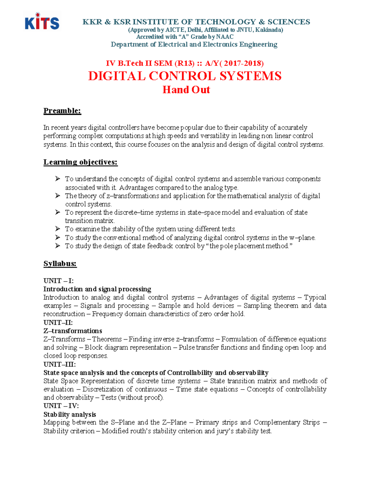Digital Control Systems KKR & KSR INSTITUTE OF TECHNOLOGY & SCIENCES
