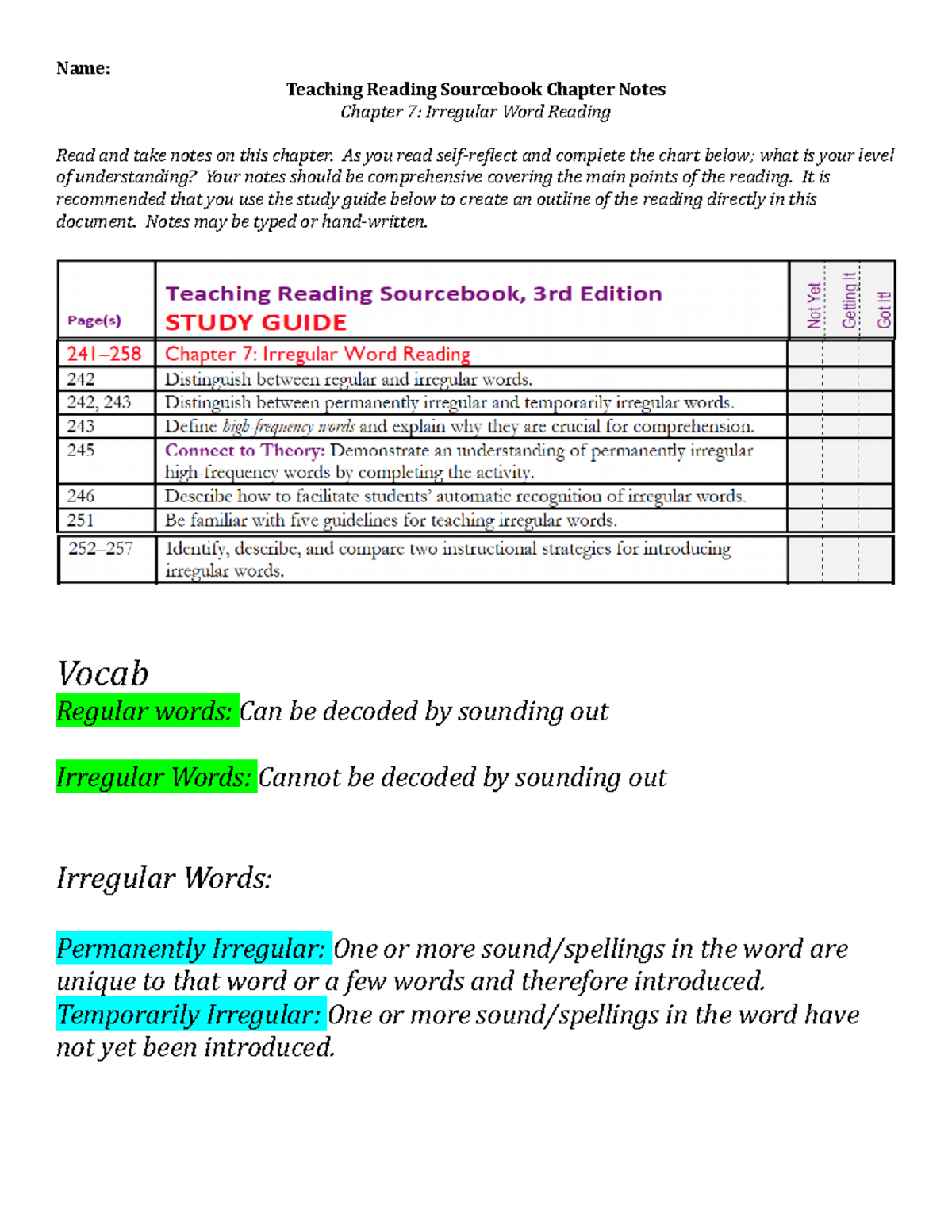 TRS 7 Study Guide1 homework Name Teaching Reading Sourcebook