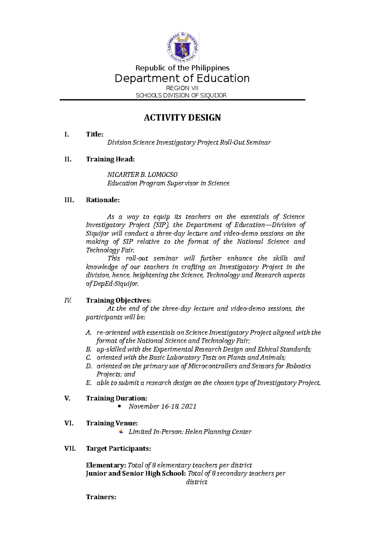 Activity Design Division SIP - Republic of the Philippines Department ...