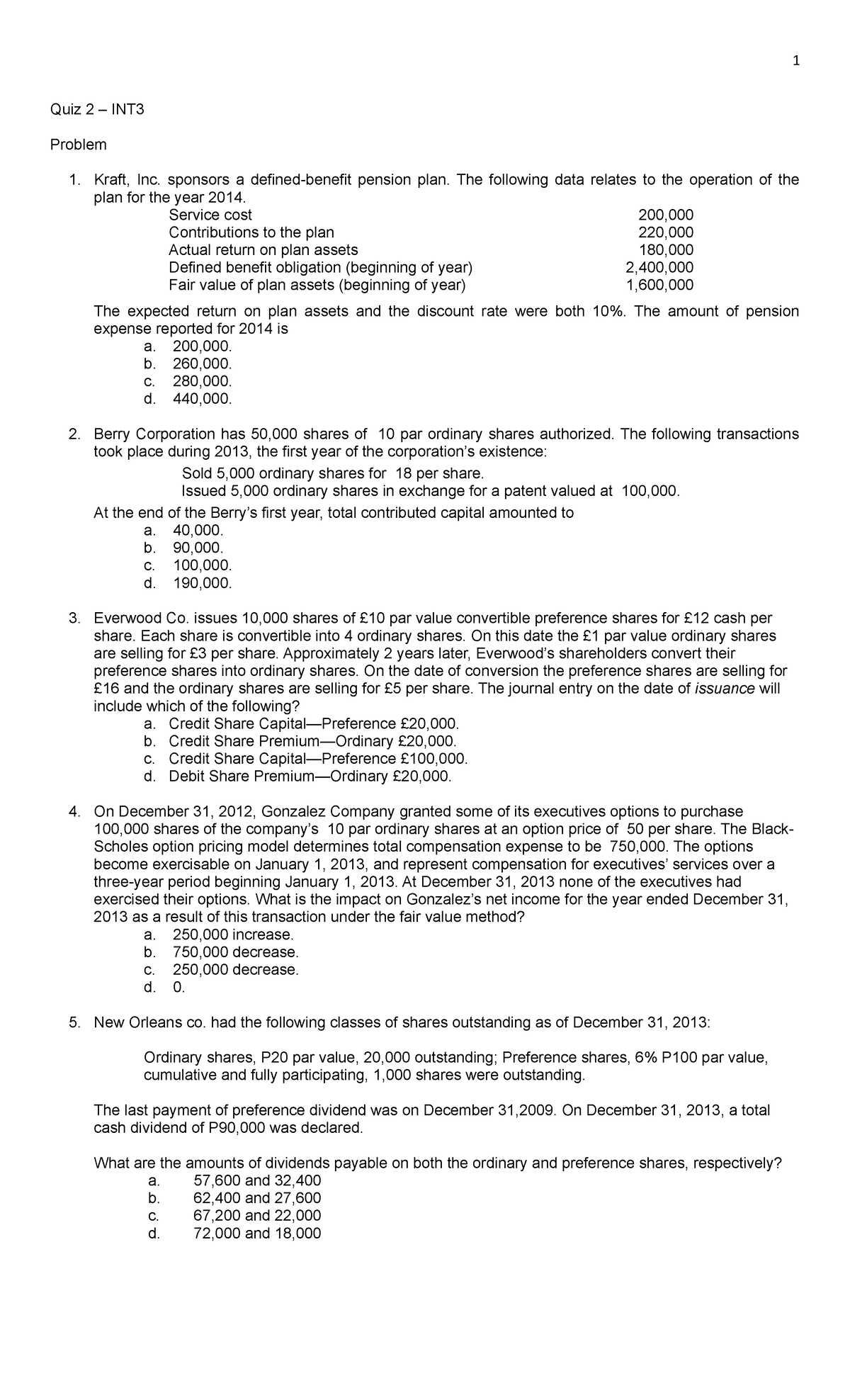 Quiz Employee benefits She Quiz 2 INT Problem Kraft, Inc. sponsors
