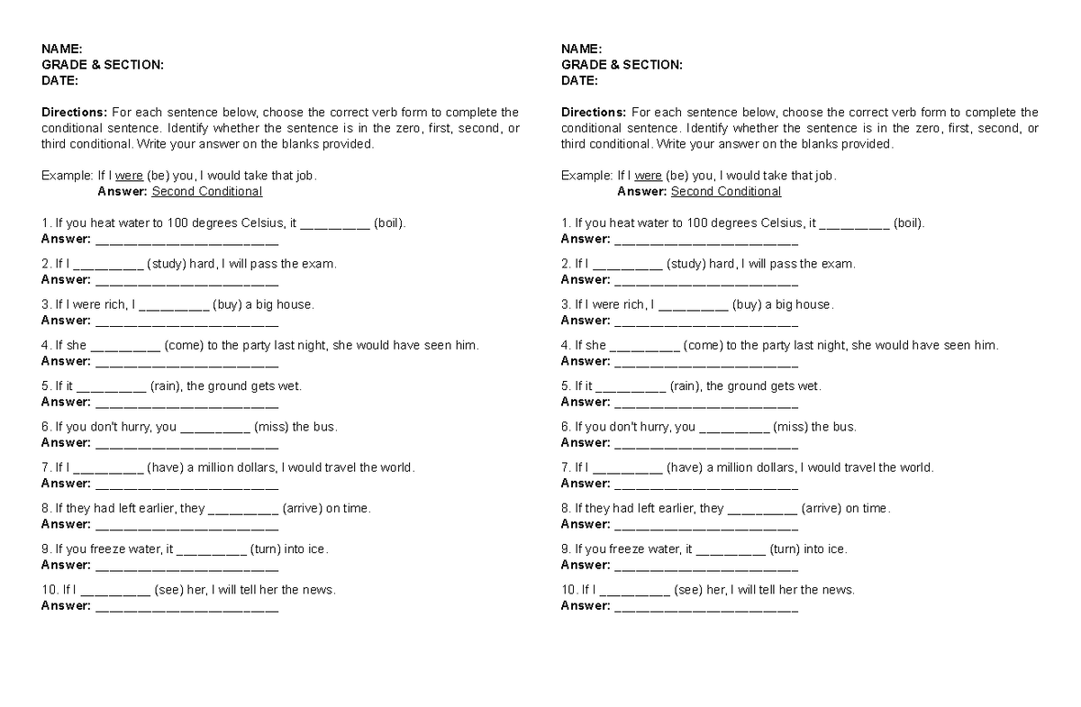 G9 Worksheet - Conditionals - NAME: GRADE & SECTION: DATE: Directions ...