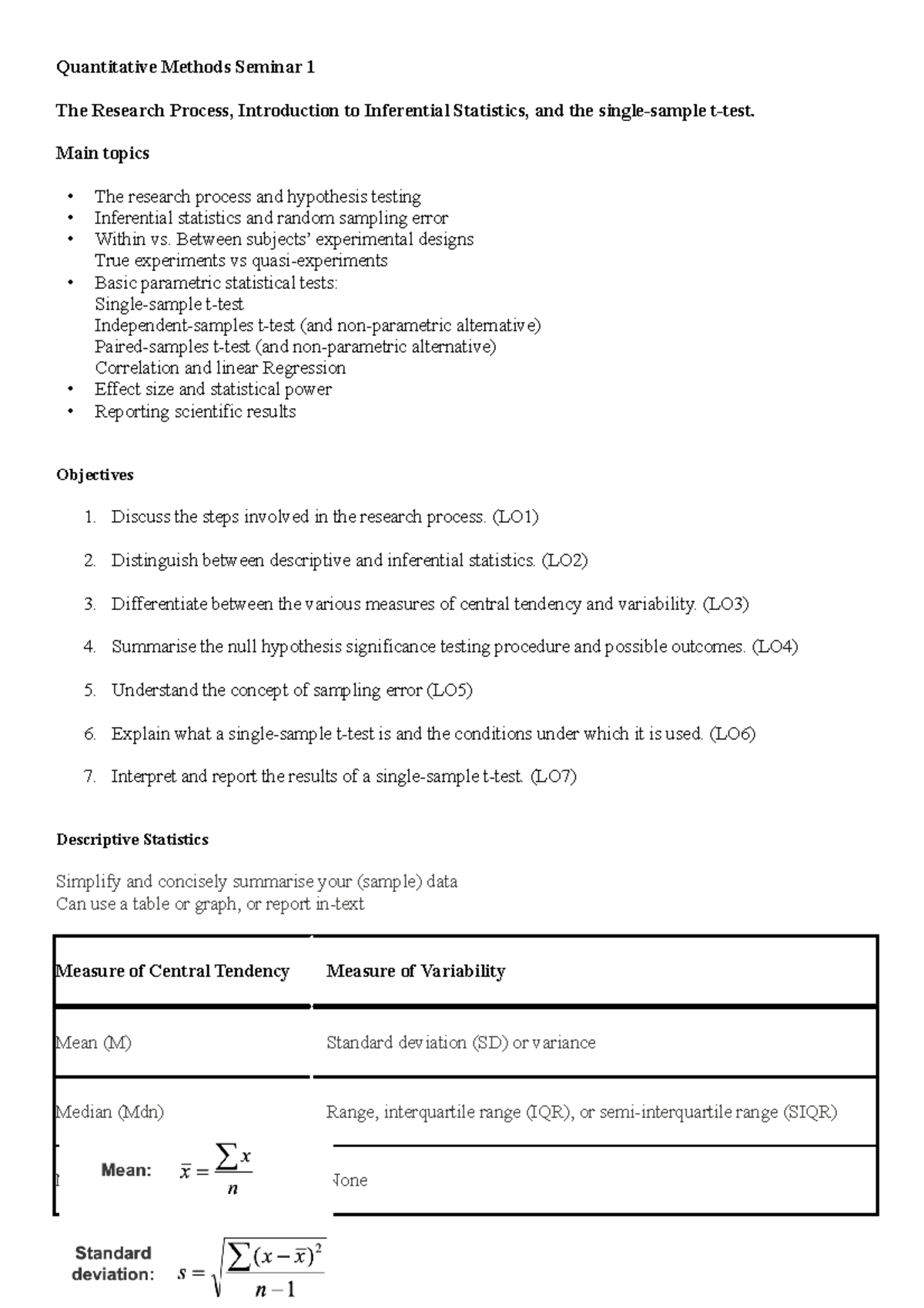 Quantitative Methods Seminar Notes - Quantitative Methods Seminar 1 The ...