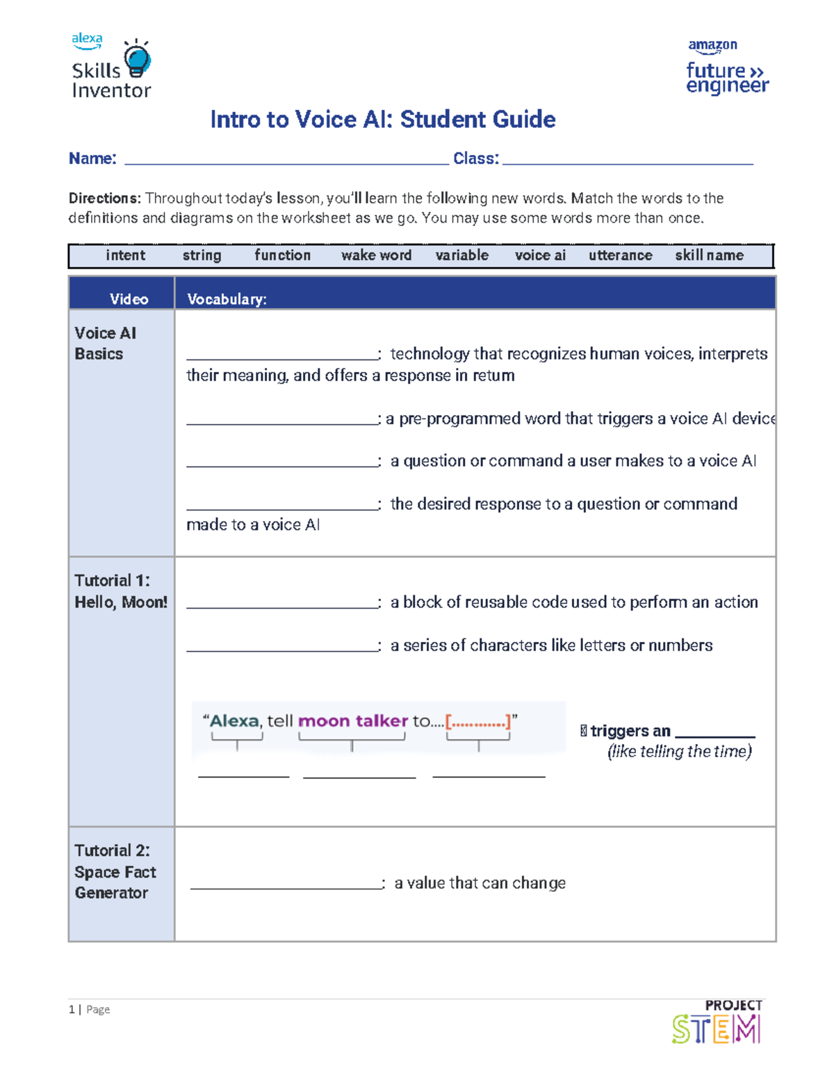Worksheet - Alexa Skills Inventor - Intro to Voice AI: Student Guide ...