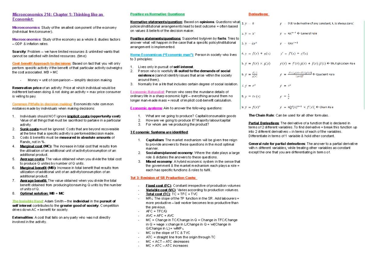 Micro econ 214 Chapter 1 to 3 - Microeconomics 214: Chapter 1: Thinking ...
