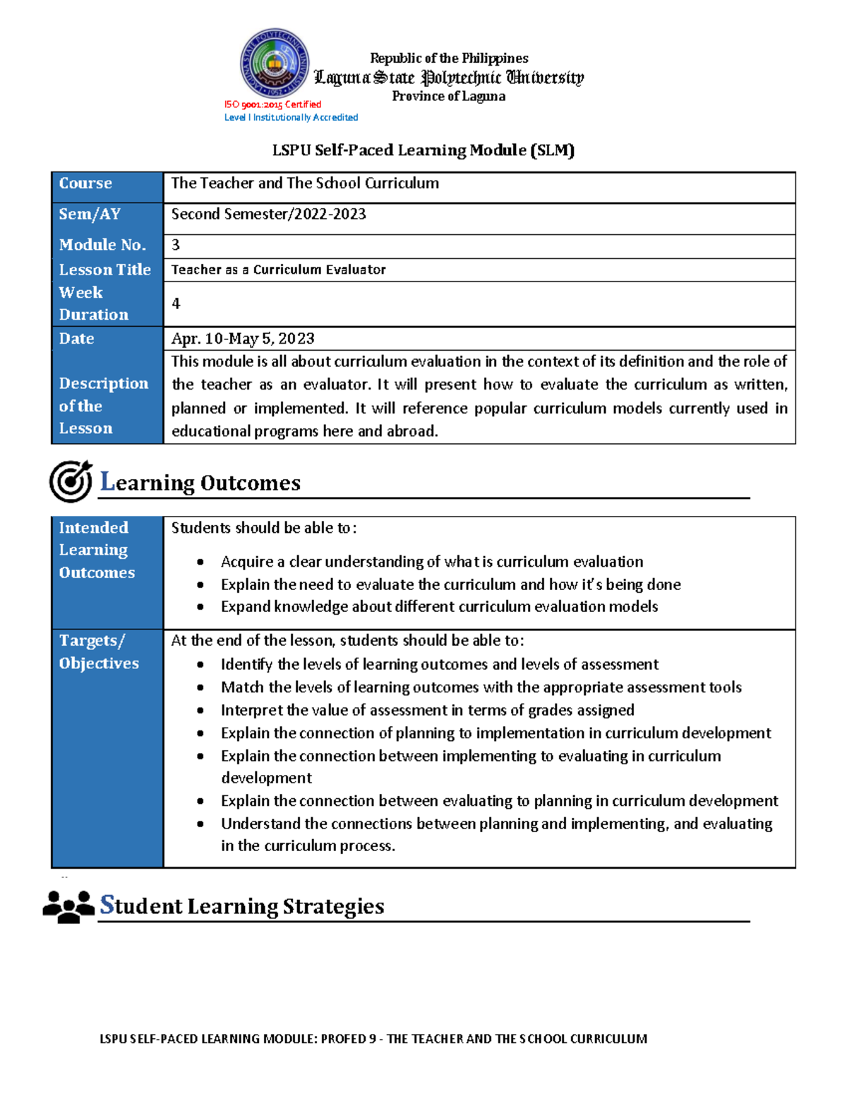 BSED Profed 9 SLM3 - lecture notes - ISO 9001:2015 Certified Level I ...