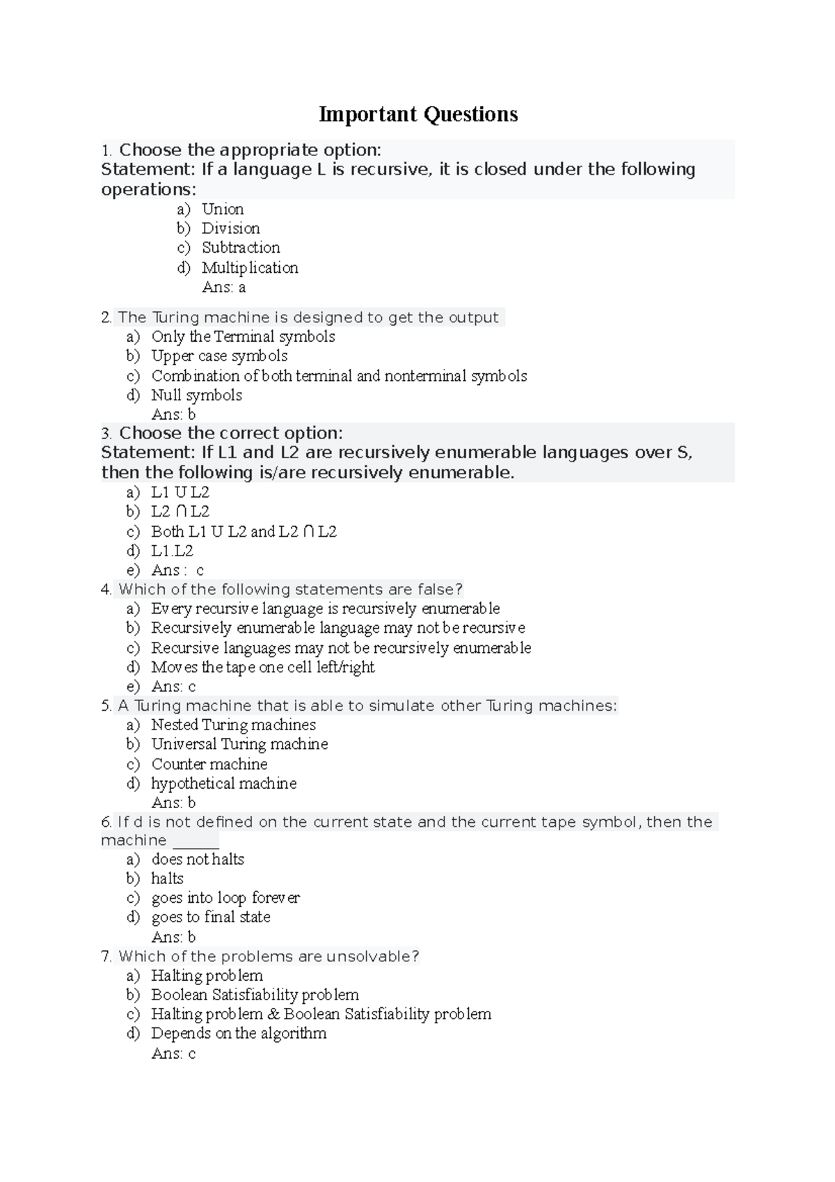 Important Questions-1 - Important Questions Choose the appropriate ...