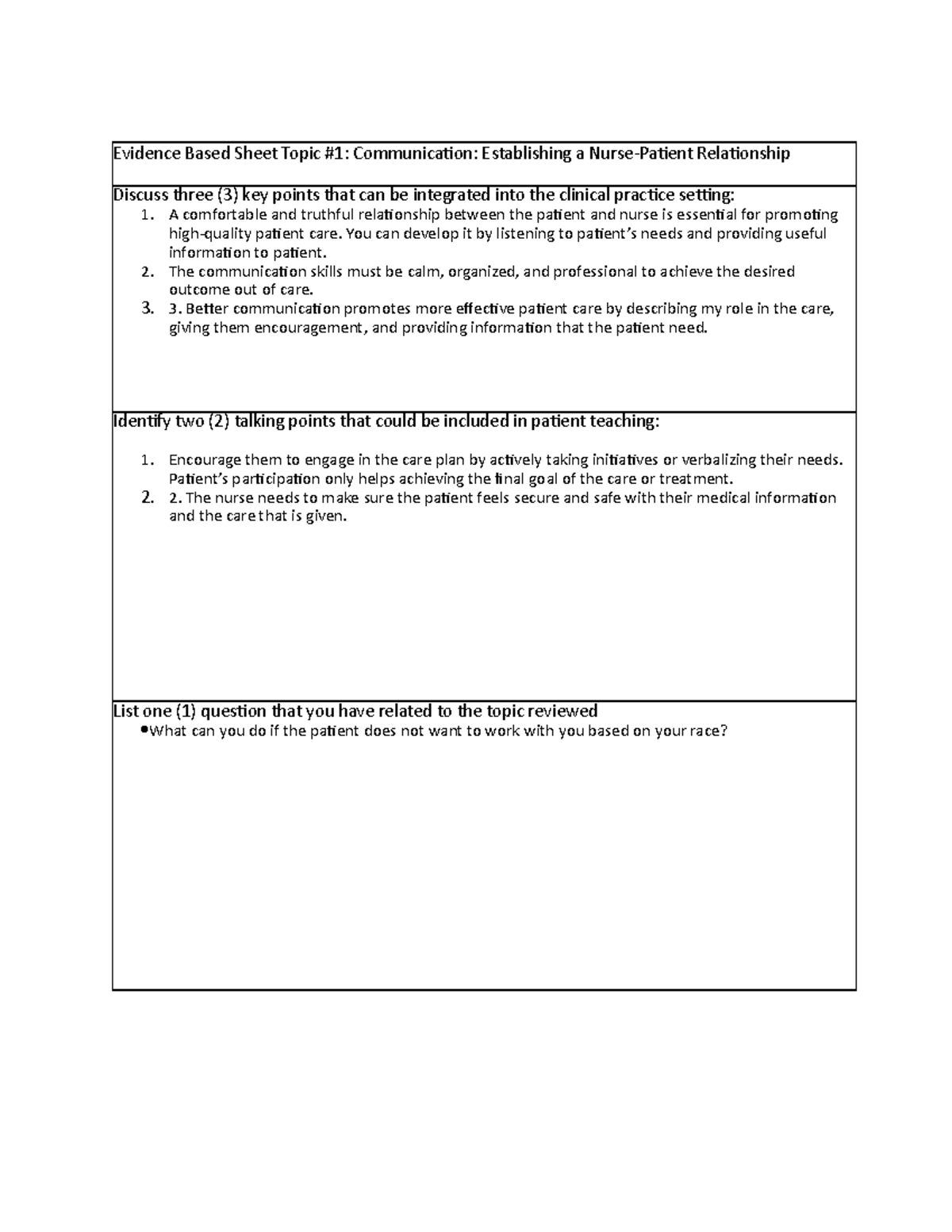  3 2 1 Summary 2 Topics Assigned Evidence Based Sheet Topic 1 