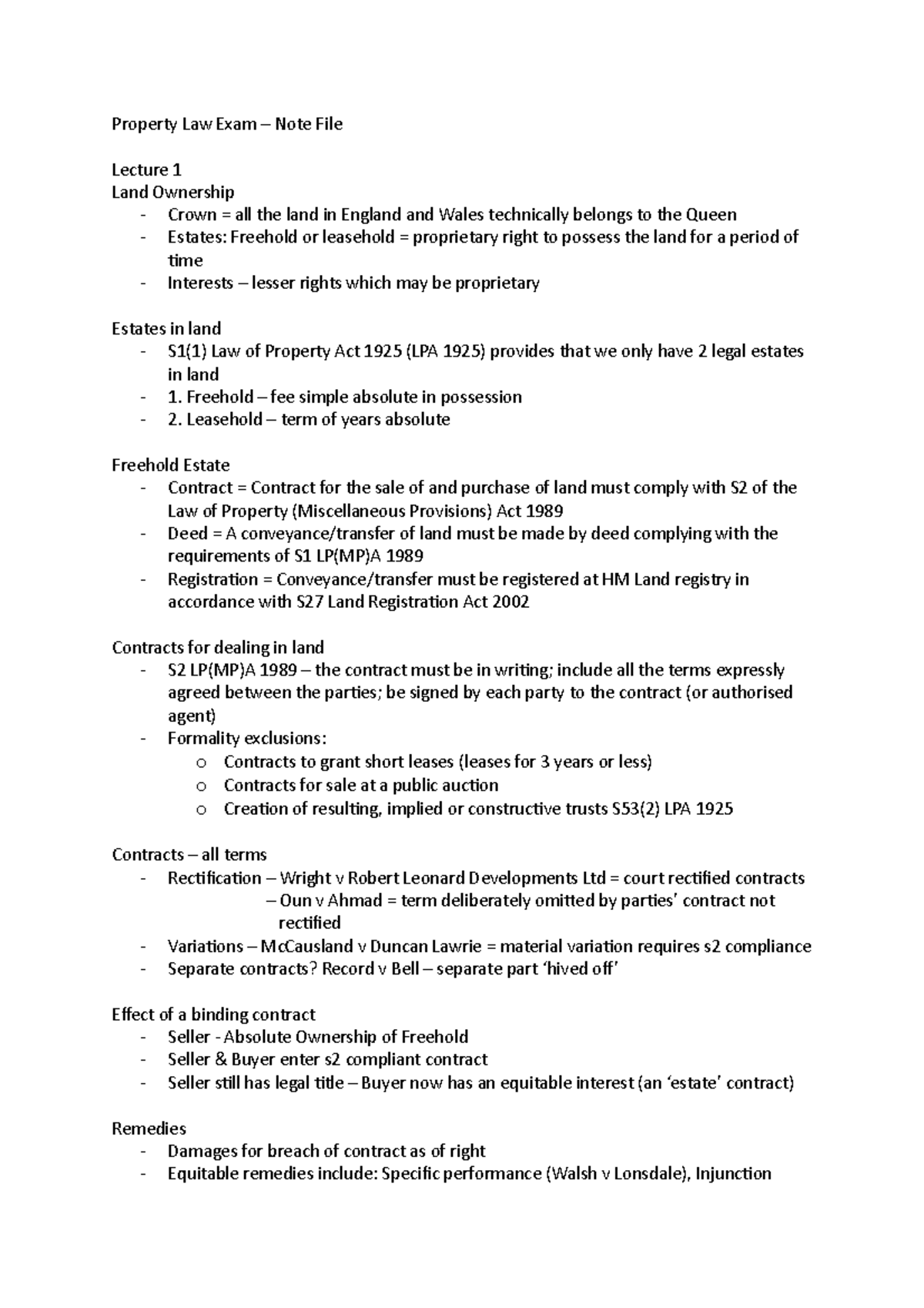 Property Law Exam Notes - Property Law Exam – Note File Lecture 1 Land ...