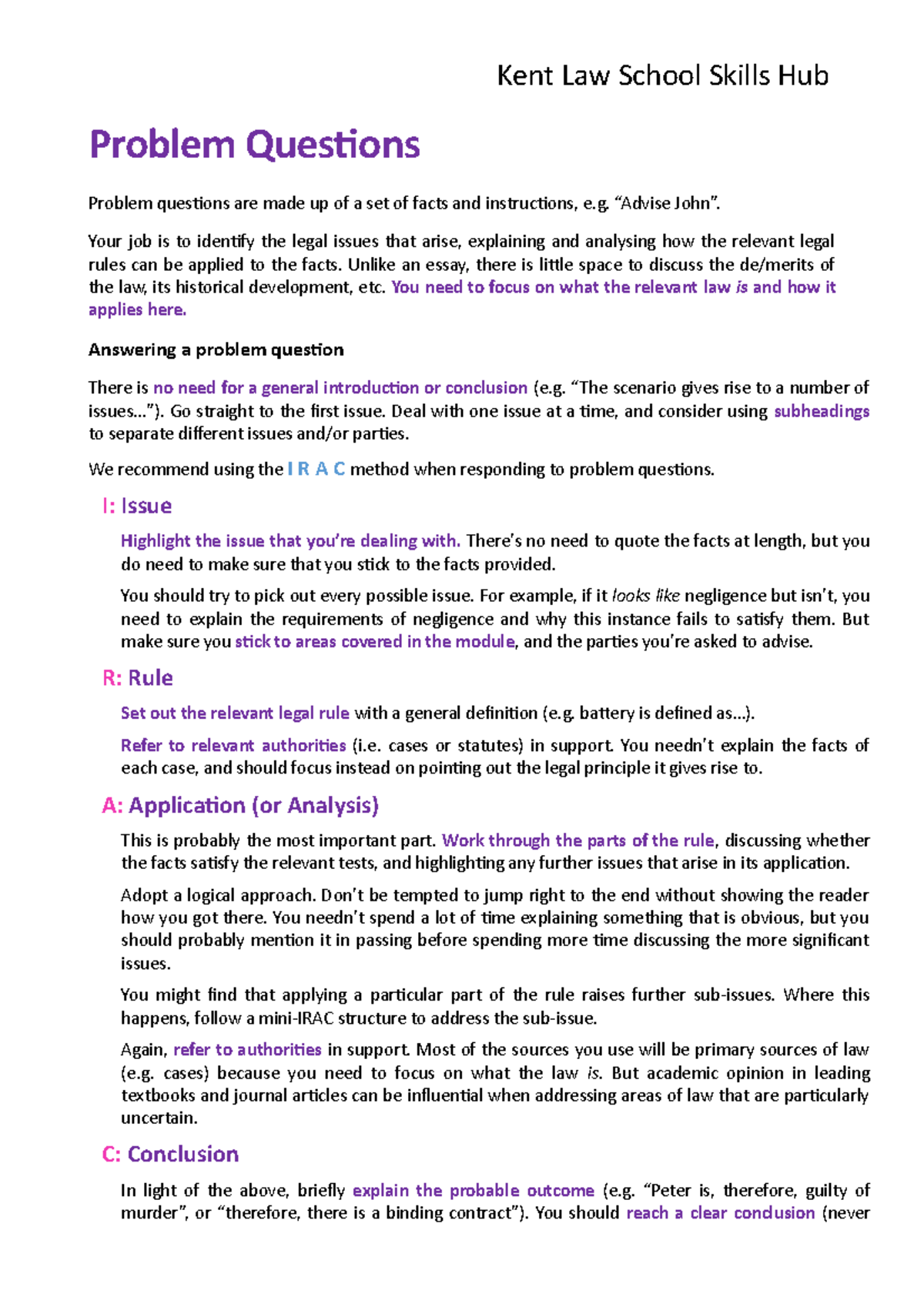 Practice Questions for Law - Kent Law School Skills Hub Problem ...
