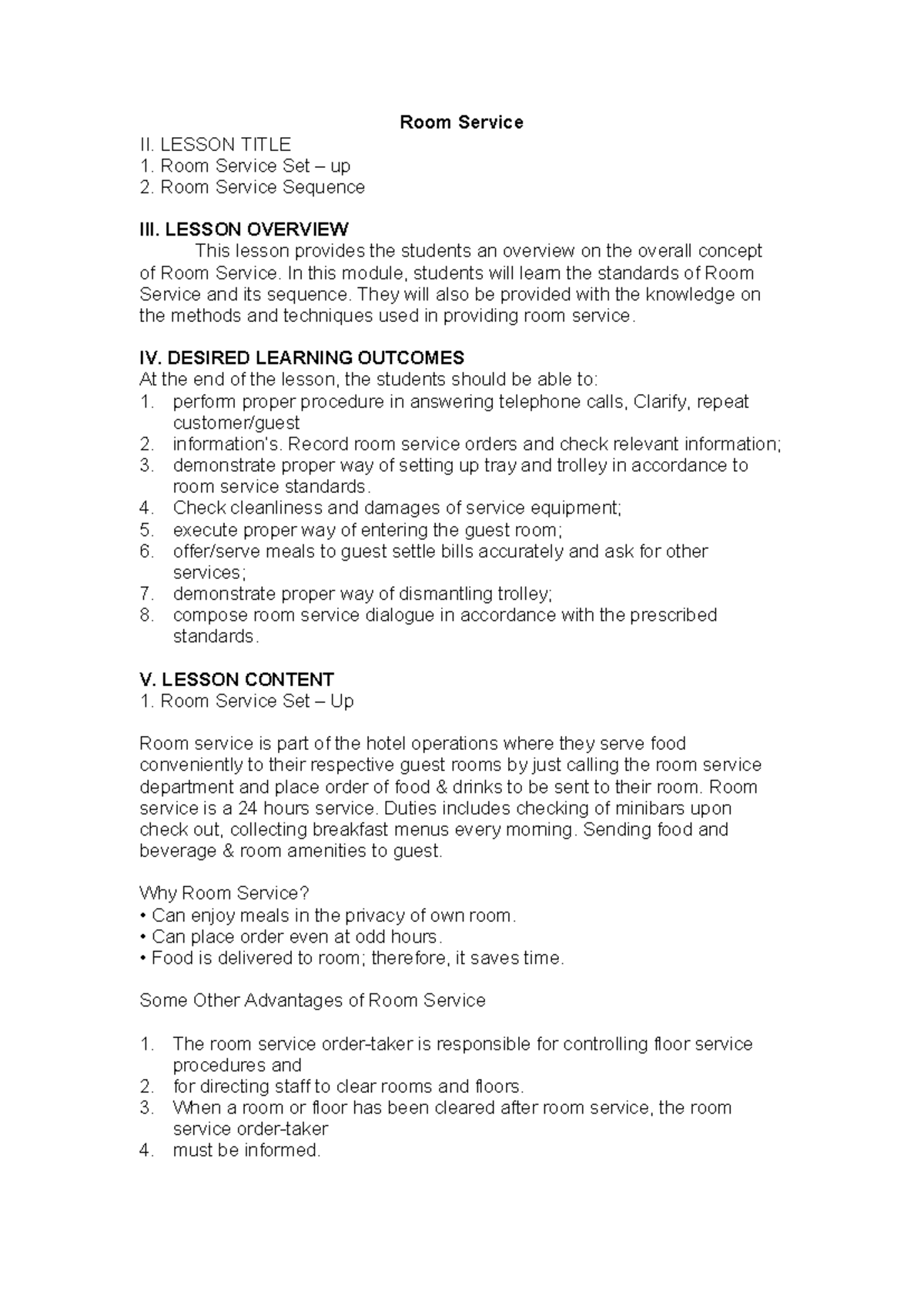 Room-Service - Summary Bachelor of Secondary Education Major in ...