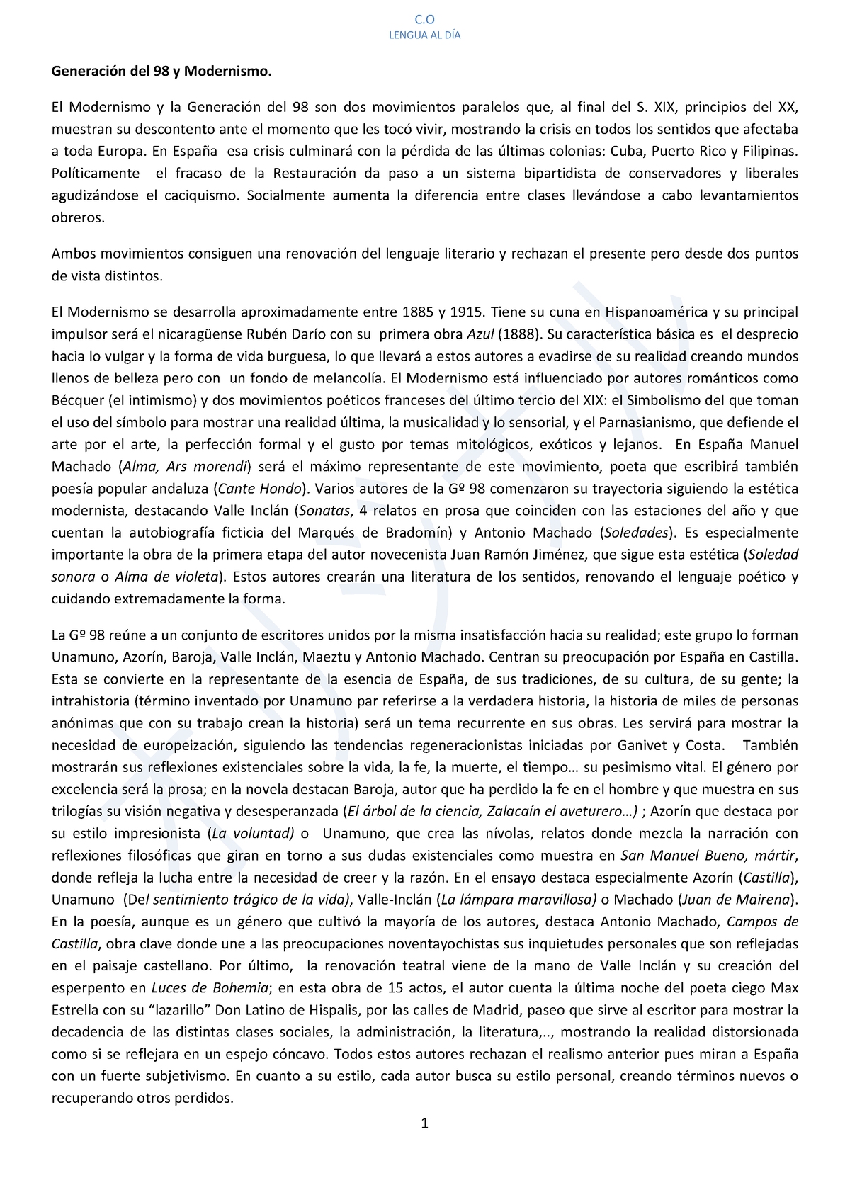 1 - Resumen - C LENGUA AL DÍA 1 Generación Del 98 Y Modernismo. El ...